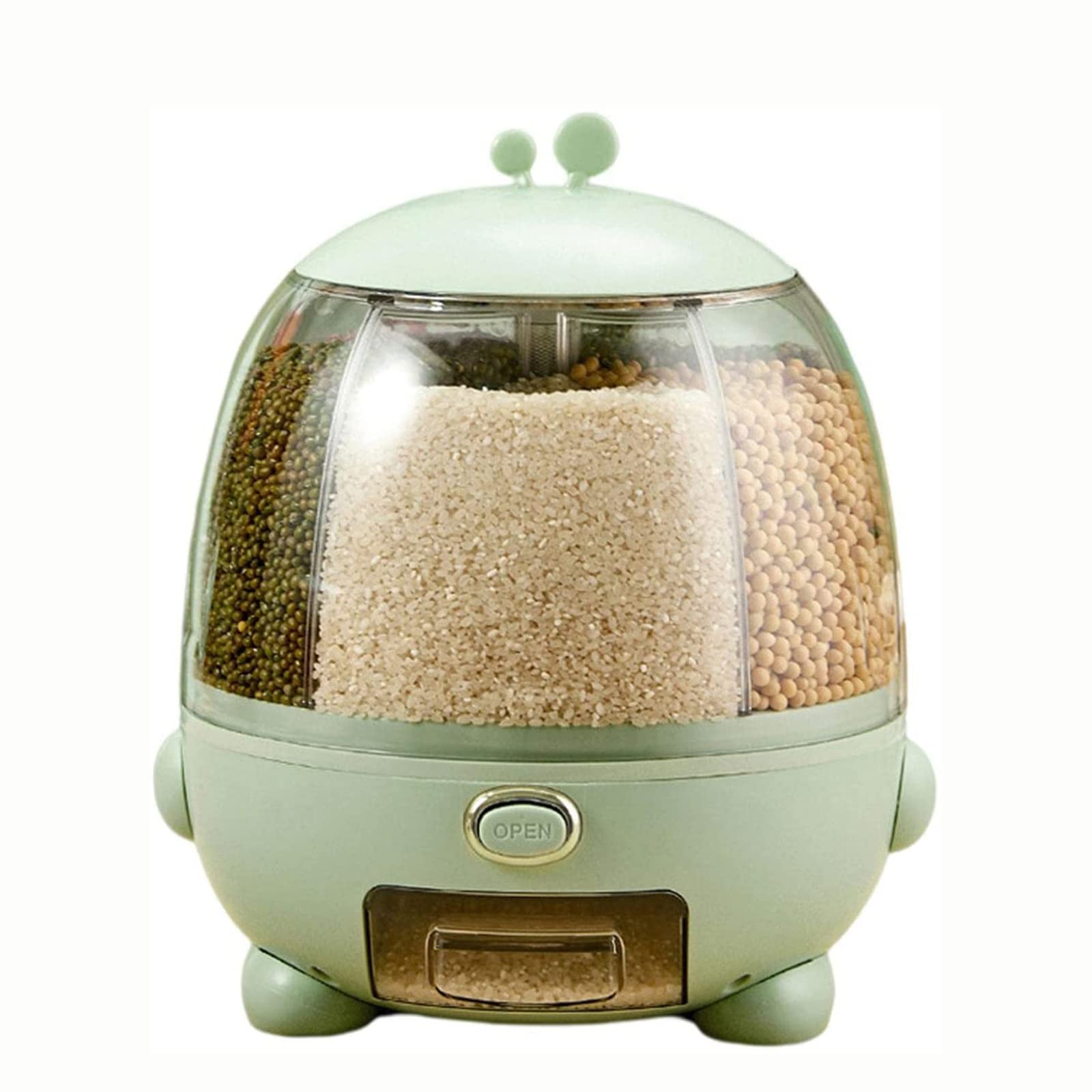 LERSHY 5-Grid Rotating Rice Dispenser - Countertop Dry Food Storage Container for Cereal, Rice, Coffee Beans - Includes Measuring Cup - Green - Perfect for Kitchen Pantry Organization & Bulk Food Storage