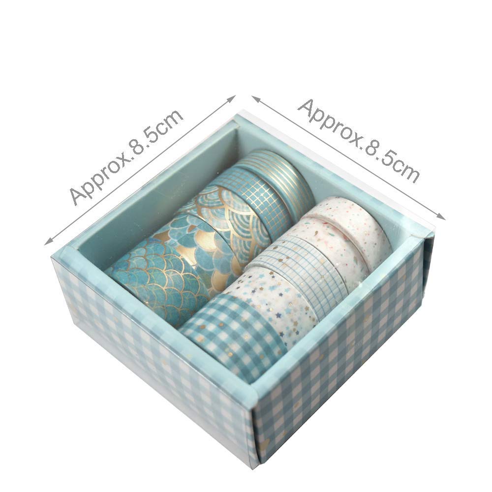 10 Rolls Floral Gold Washi Tape Set - Decorative Masking Paper Tape for Scrapbooking, DIY Crafts, Bullet Journaling, Planner Decor, Gift Wrapping - Perfect for Home Office, School Projects & Creative Arts (Blue Tone)