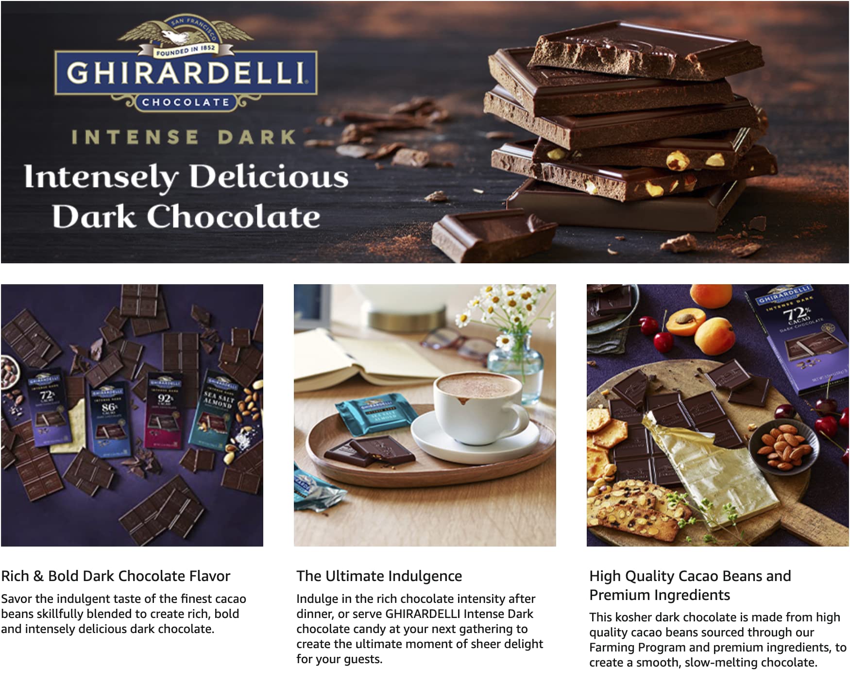 Ghirardelli Dark Chocolate Variety Pack - Sea Salt Caramel, Intense Dark, Raspberry for Gifts & Desserts
