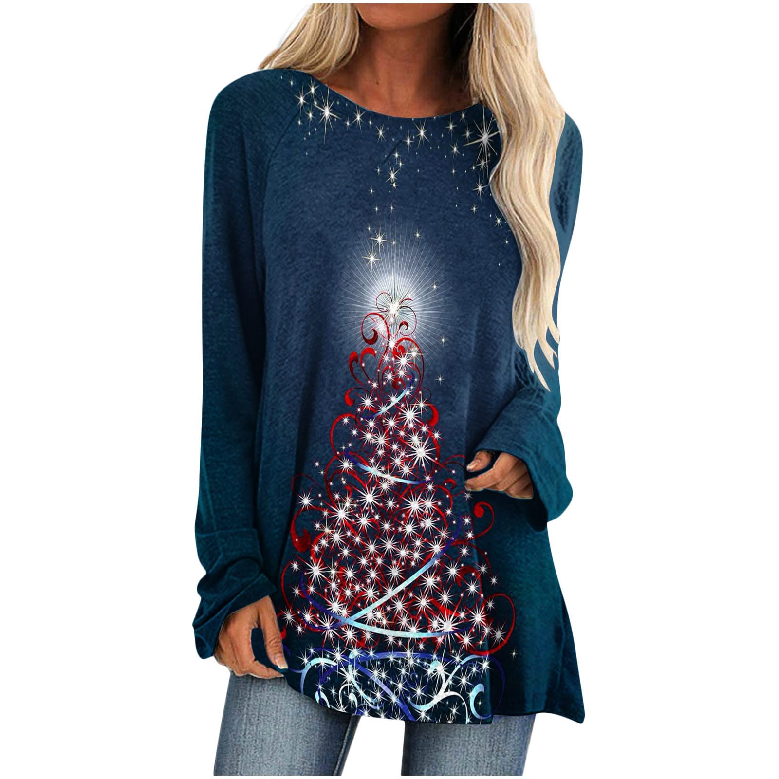 Women's Christmas Tree Print Round Neck Long Sleeve T-Shirt - Oversized Casual Loose Tunic Blouse for Holiday Parties, Family Gatherings & Festive Outfits