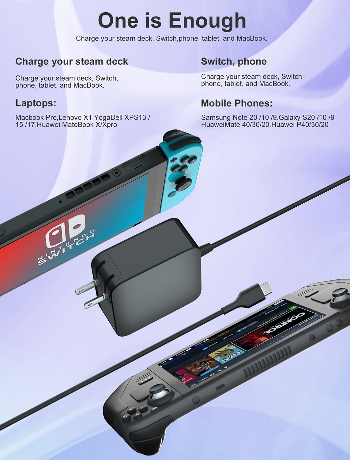 45W USB C Fast Charger with 6FT Cable - PD 3.0 Wall Adapter for Steam Deck, Nintendo Switch, Samsung Galaxy S23/S22 - Portable Gaming & Travel Charging Solution