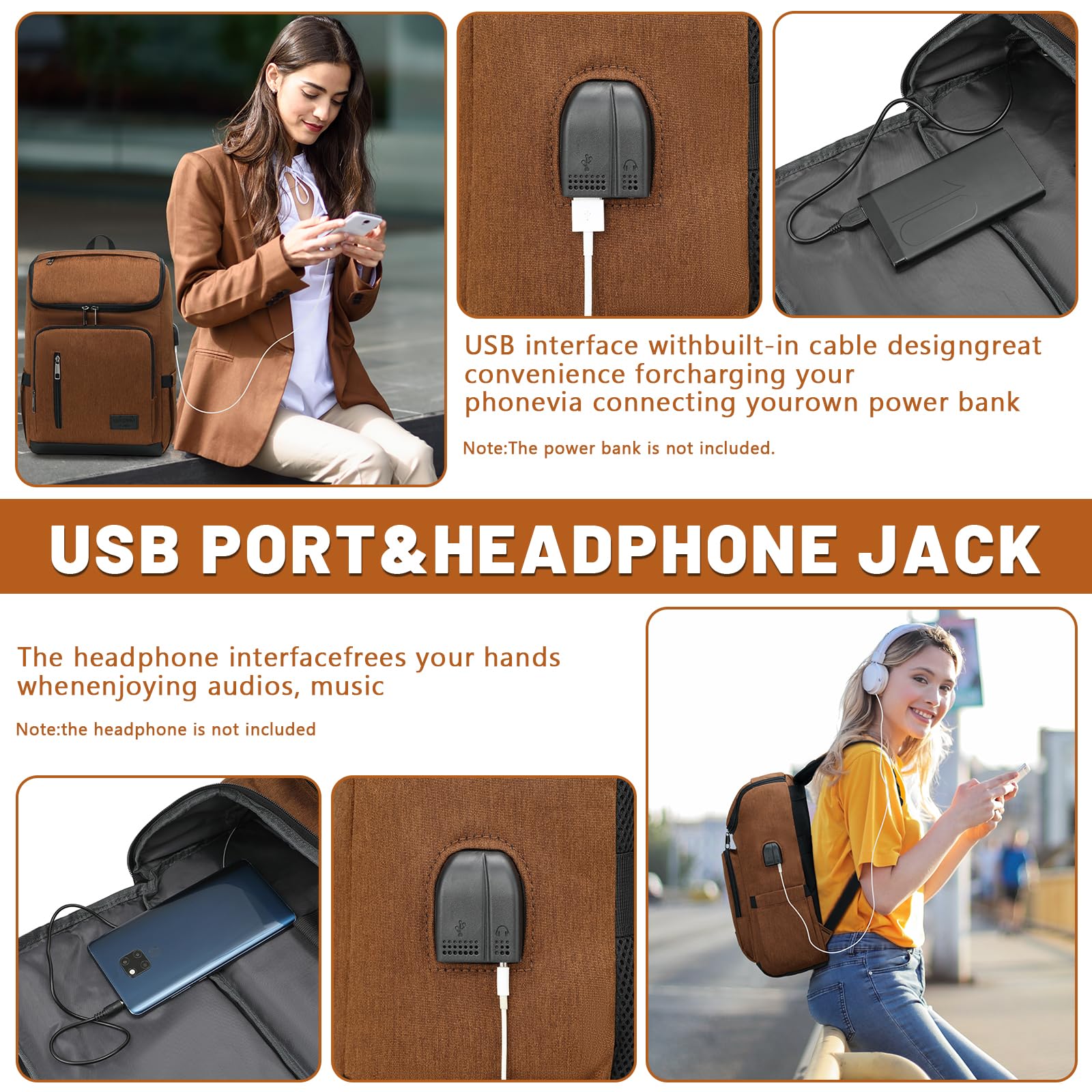 YALUNDISI USB Laptop Backpack for Travel & Work - Brown