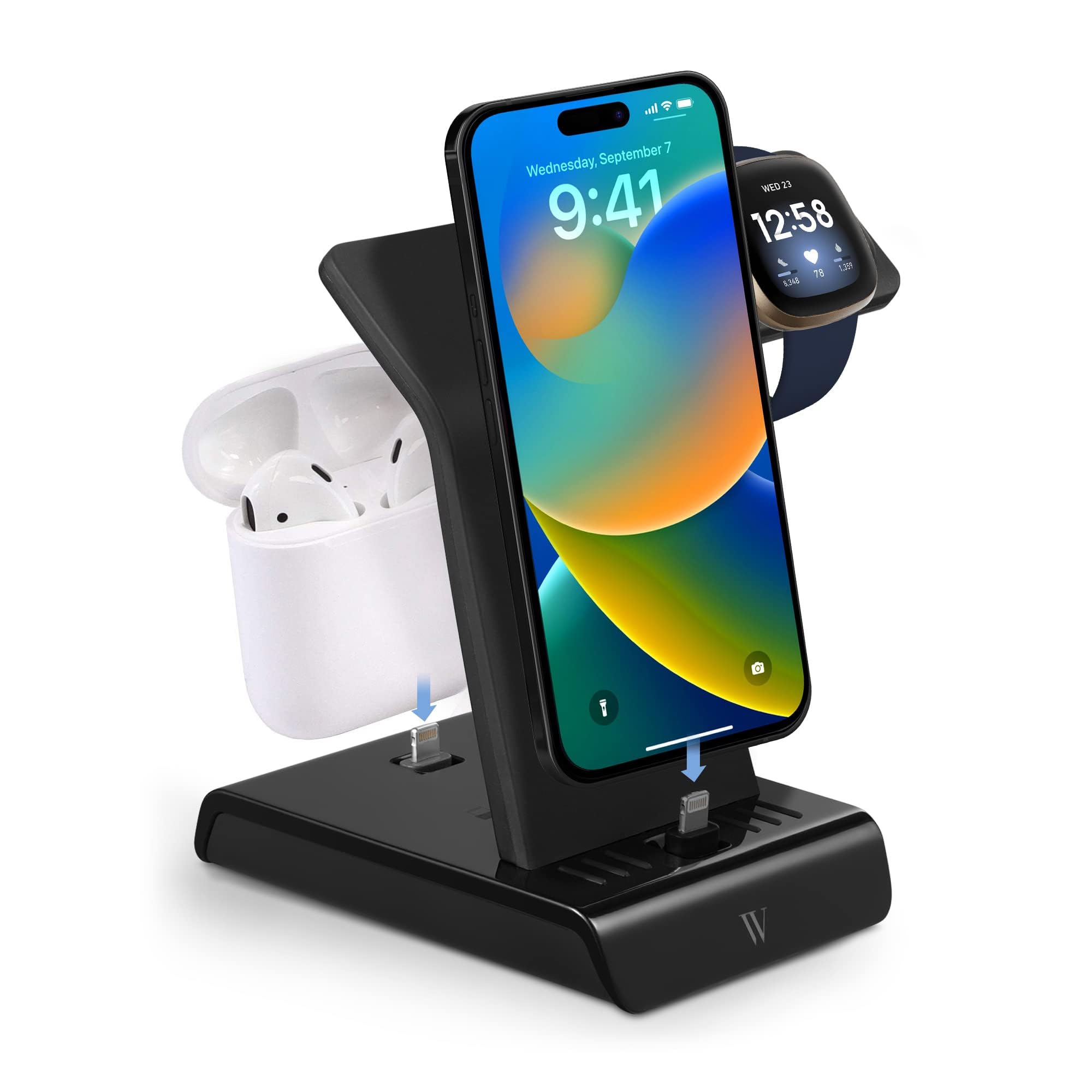 Wasserstein 3-in-1 Wireless Charging Station for iPhone, AirPods & Fitbit | Multi-Device Charger Stand for Apple Products | Fast Qi-Certified Charging Pad | Not Compatible with Pixel Watch | Perfect for Home, Office & Nightstand (Black)