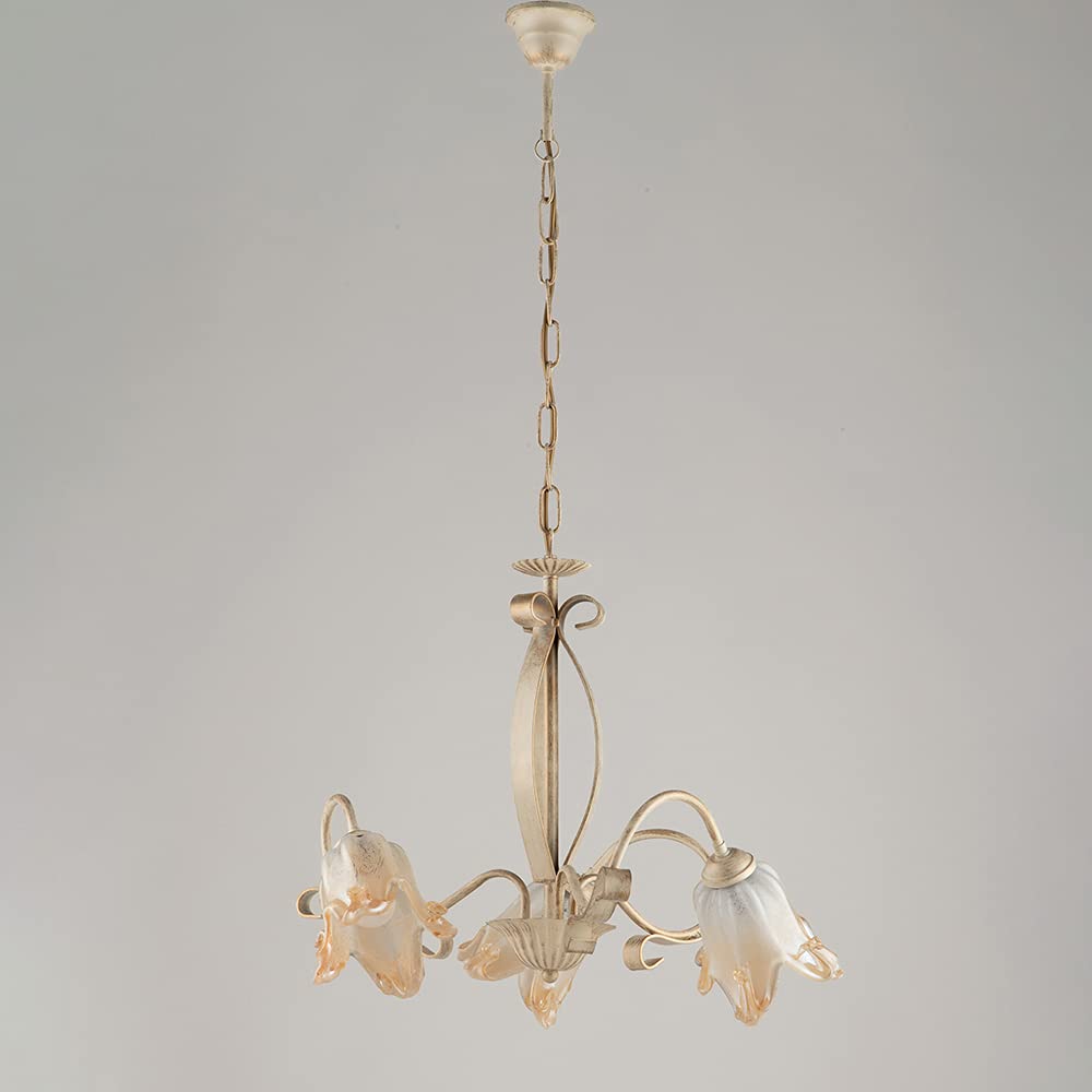 Handcrafted Wrought Iron Classic Ivory & Gold 3-Light Chandelier with Murano Glass - Elegant Bedroom Lighting Fixture for Dining Room, Living Room, or Master Suite