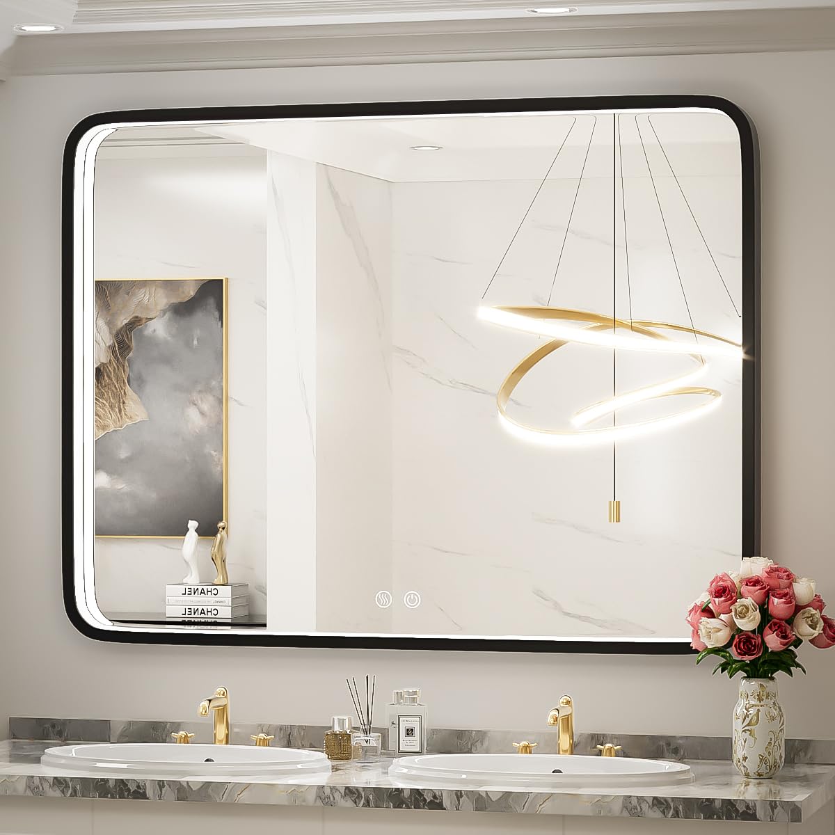 40x30 Inch LED Bathroom Mirror with Anti-Fog & Dimmable Touch Control - Modern Metal Frame Vanity Mirror for Wall Mount (Horizontal/Vertical) - Perfect for Makeup, Shaving & Home Decor Lighting