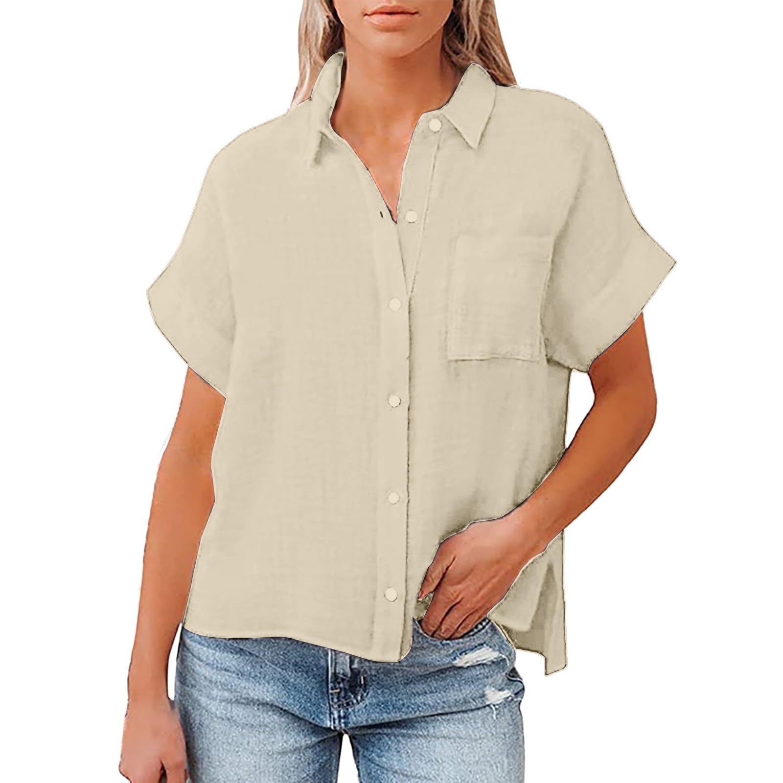 Women's Short Sleeve Linen Button Down Shirt - Casual Cropped Blouse with Solid Lapel | Perfect for Summer Outfits, Beach Wear & Office Casual Style