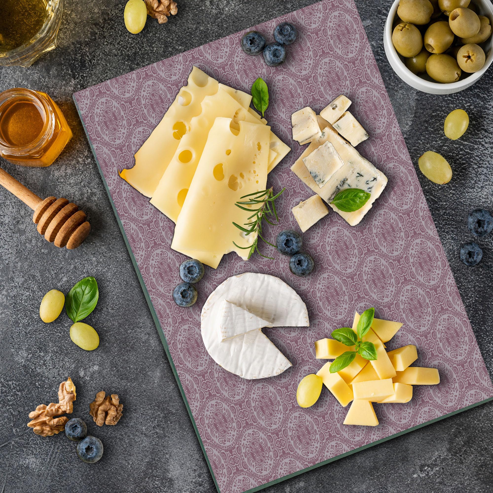 Ambesonne Damask Tempered Glass Cutting Board - Monochrome Floral and Circle Design - Large Decorative Serving Board for Kitchen, Charcuterie, and Cheese Platters - Dried Rose and Rose Theme - Perfect for Entertaining and Home Decor