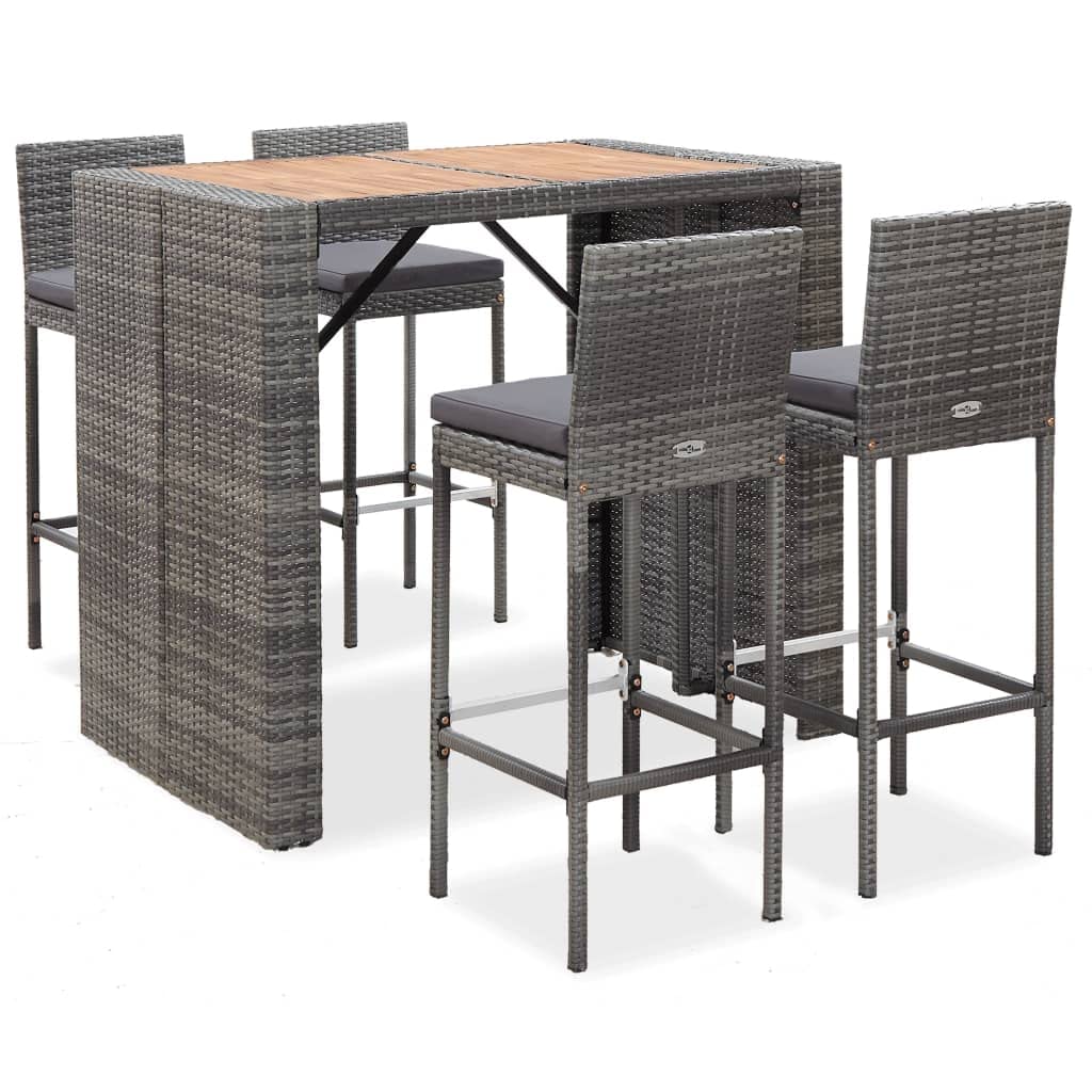 vidaXL 5-Piece Patio Bar Set with Wood Tabletop & Cushions - Outdoor Rattan and Wood Gray Bar Table Set for Garden, Backyard, or Poolside Dining | Durable Patio Furniture for Entertaining