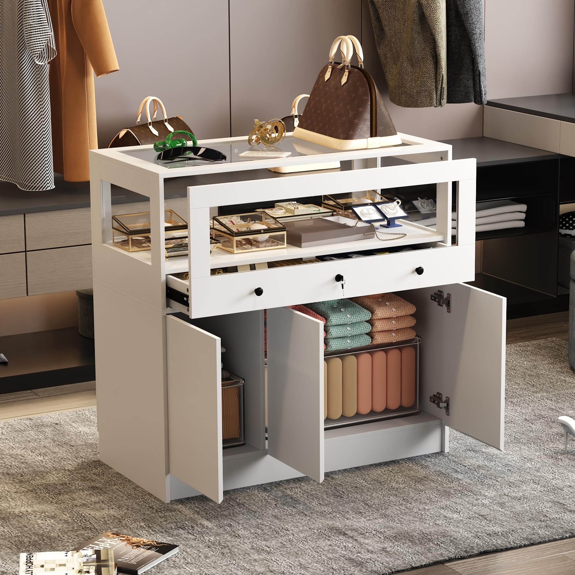 Homsee White Wardrobe Armoire Closet with Lock - Modern Walk-in Closet Island Dresser with Glass Showcase, Drawers & Doors - Bedroom Storage Cabinet for Fitting Room, Retail Shops & Home Organization (Perfect for Small Spaces & Boutique Displays)