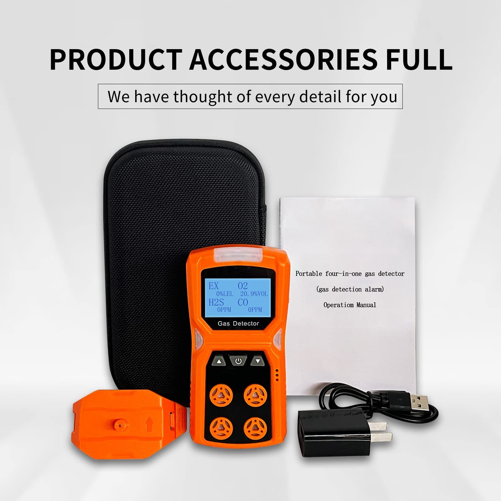 CHNADKS 4-in-1 Portable Gas Detector - H2S, O2, CO & LEL Monitor with Vibration, Audible & Visual Alarms | Rechargeable LCD Gas Sniffer for Industrial Safety, Confined Space & Home Use