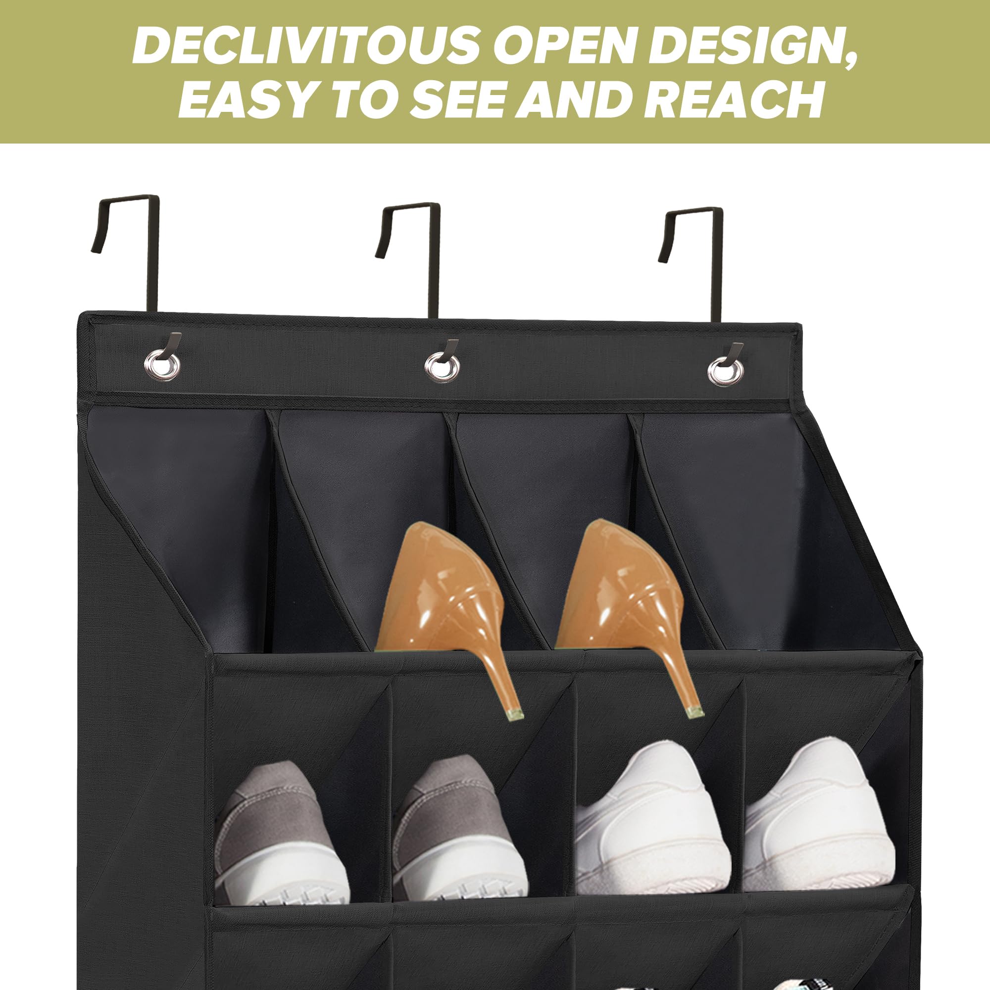 2 Pack Over The Door Shoe Organizer with 20 Large Pockets - Heavy Duty Hanging Closet Storage Rack for Sneakers, Boots & Shoes - Space Saving Solution for Bedrooms, Closets & Dorm Rooms (Black)