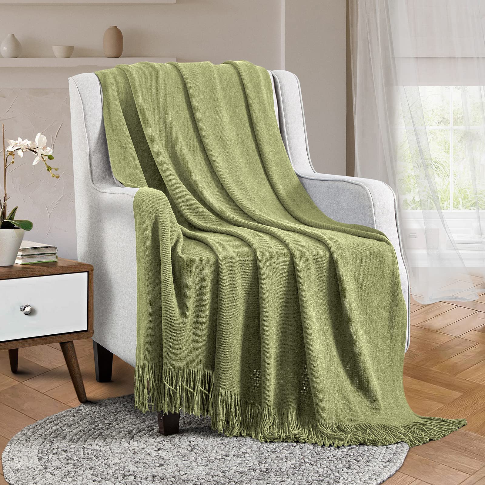 Vonty Olive Green Knitted Blanket with Tassels Fringe 50