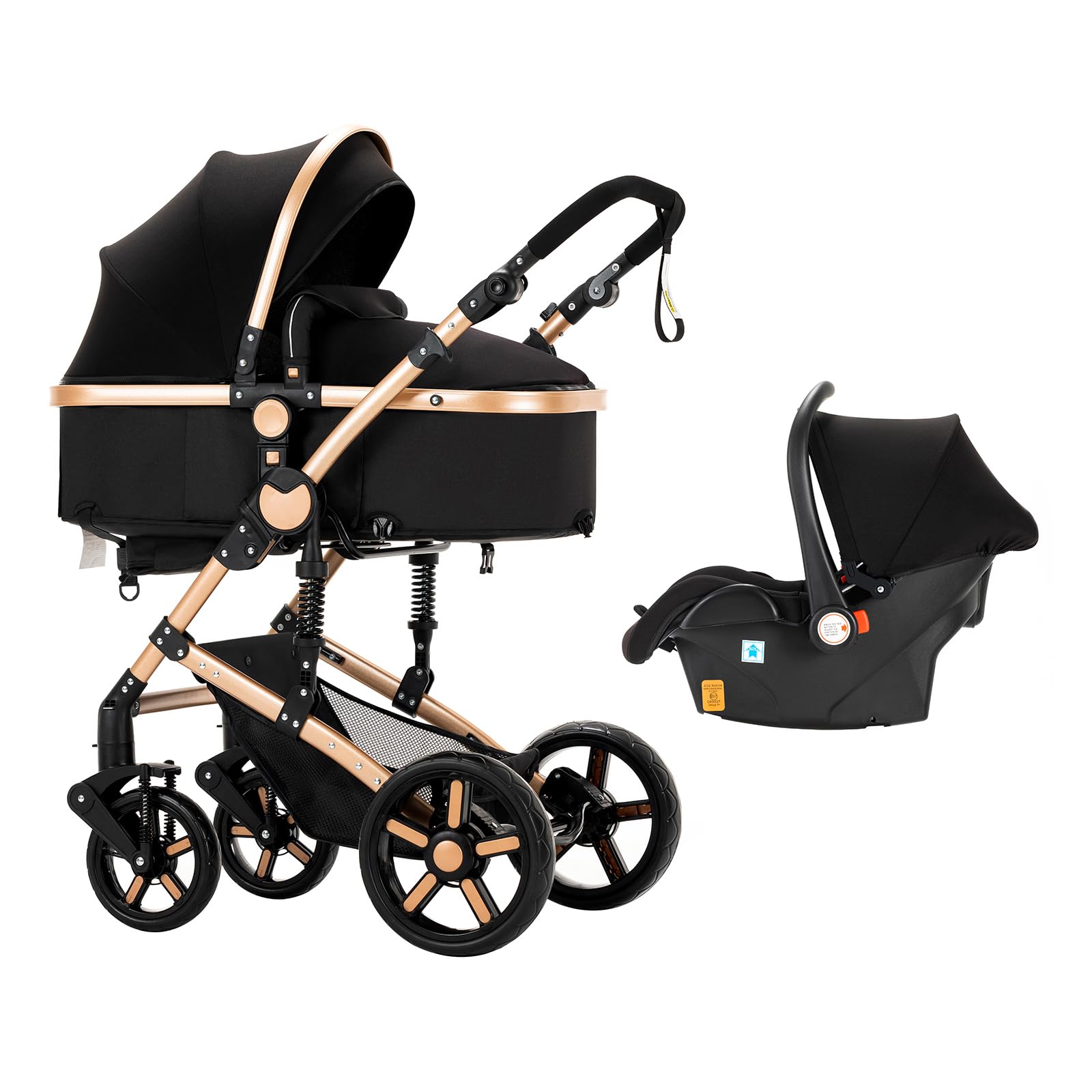 3 in 1 Baby Travel System - Reversible Stroller, Portable Foldable Pram Buggy with Base for Newborn & Toddler | UD588-BLACKGOLD | Perfect for Shopping, Travel & Outdoor Walks