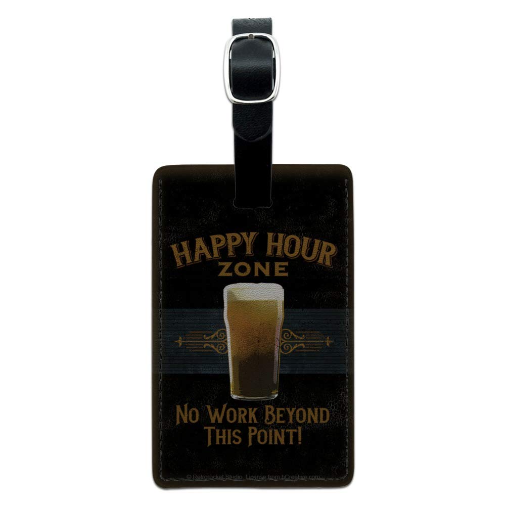 Happy Hour Zone Leather Luggage Tag - Rectangle ID Card Holder for Travel Bags & Suitcases - Perfect for Business Trips, Vacations & Airport Identification
