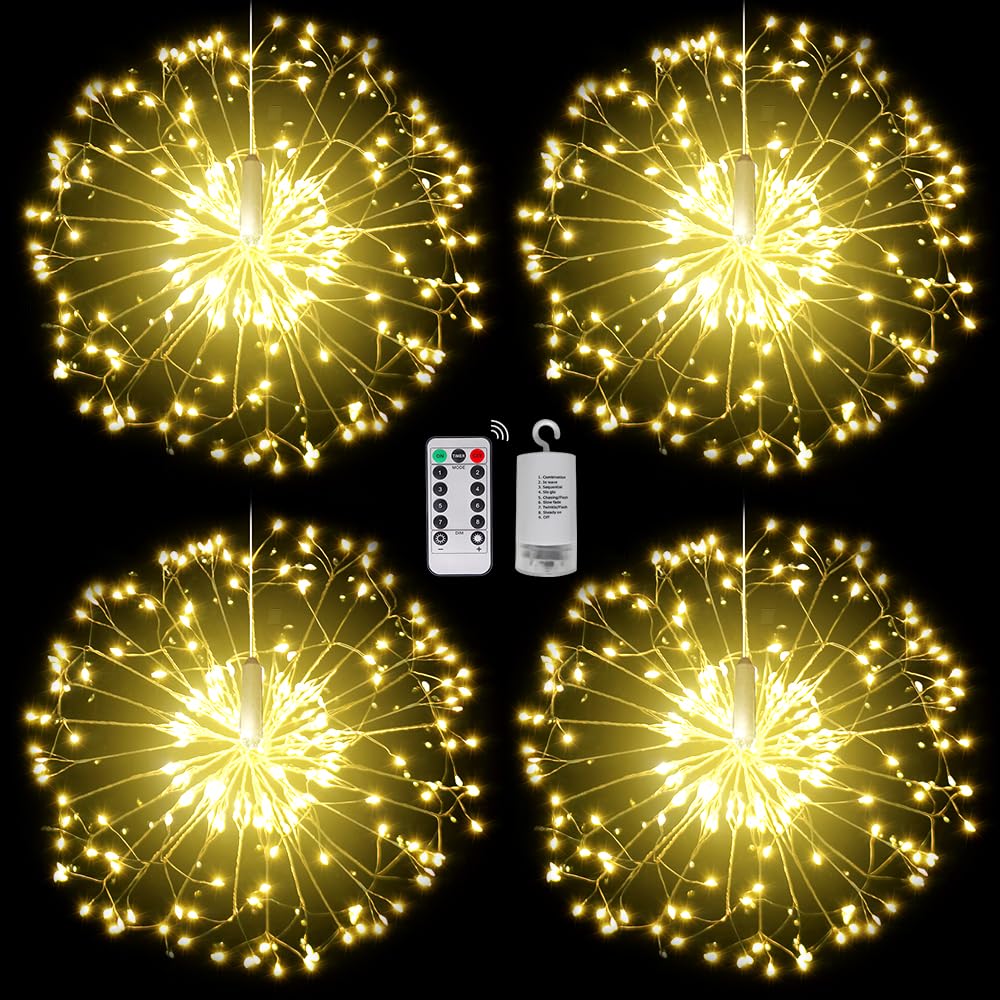 Techip 4PCS 200LED Battery Operated Fairy Lights with Remote & Timer - Waterproof Copper Wire String Lights for Wedding, Christmas, Party, Garden, Patio, Bedroom Decor - Indoor & Outdoor Decorative Lighting for Home, Events and Special Occasions