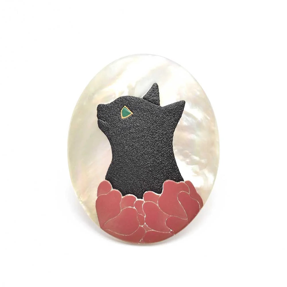 Traditional Japanese Maki-e Urushi Lacquer Brooch with White South Sea Pearl Shell - Cat and Flower Design - Handcrafted Jewelry for Women | Perfect for Weddings, Parties & Special Occasions