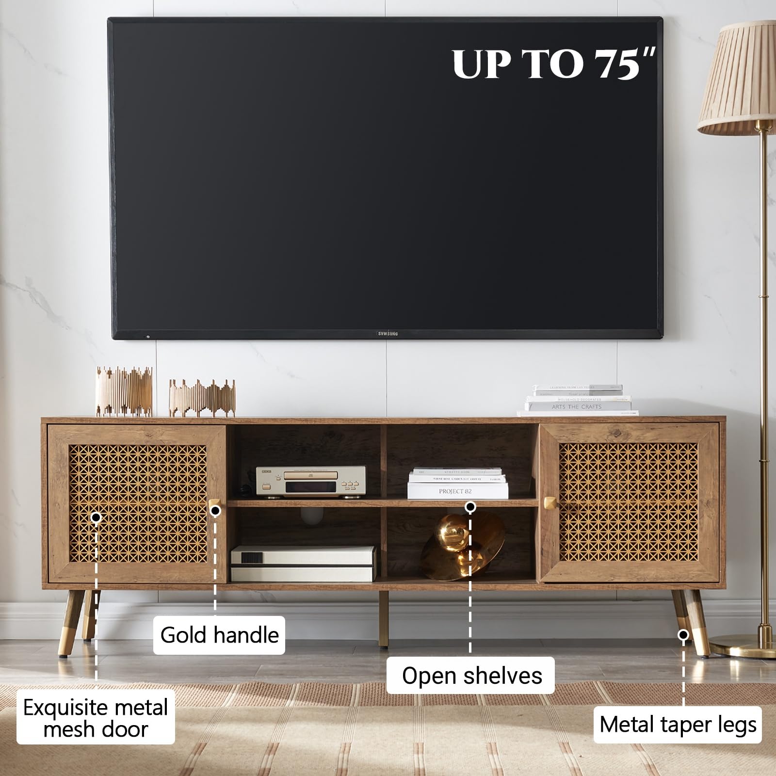 Modern Entertainment Center for 75 Inch TV - Boho TV Stand with Storage Cabinet & Open Shelves - Large Rustic TV Console for Living Room, Bedroom, Office - Perfect for Home Theater Setup & Media Organization