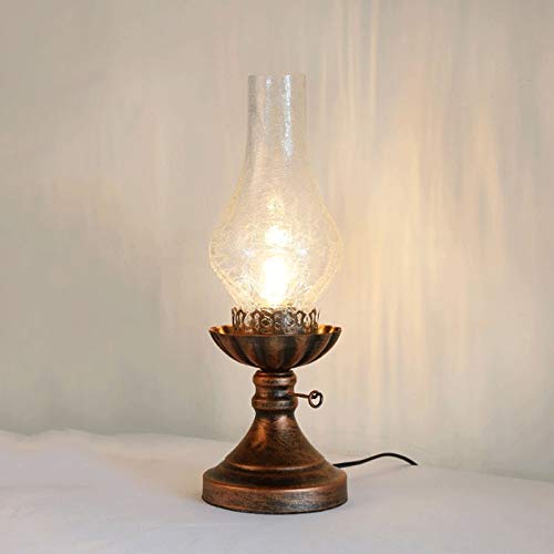 Vintage Wrought Iron Glass Table Lamp - E27 Kerosene Style Horse Lantern with Switch, Retro Country Bedside Light for Farmhouse, Loft & Bedroom Decor - European Pastoral Desk Lamp for Cozy Reading Nook & Nightstand Lighting