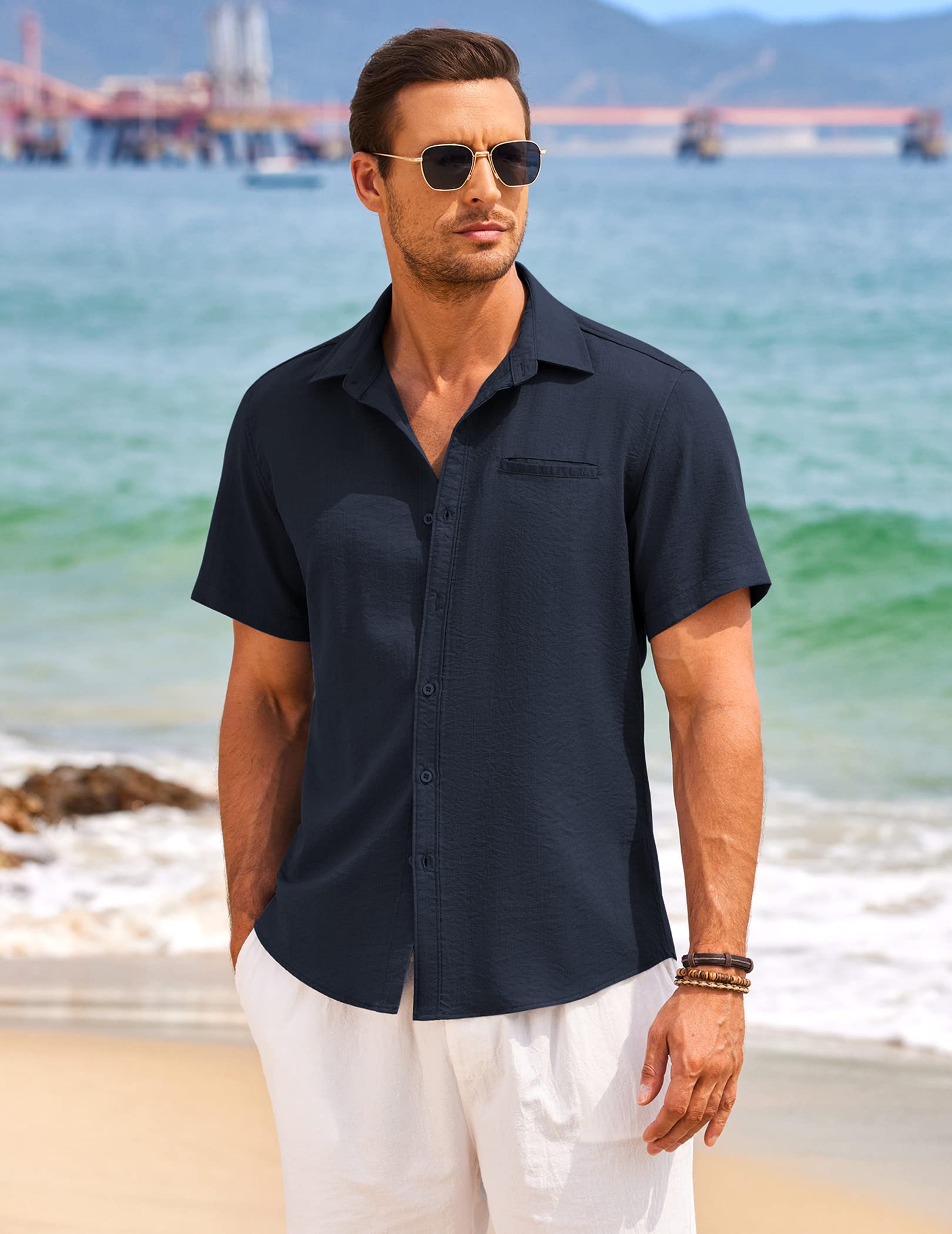 COOFANDY Men's Casual Linen Short Sleeve Button Down Shirt | Breathable Summer Hawaiian Shirt for Beach, Vacation & Outdoor Activities | Lightweight Comfortable Linen Top for Men