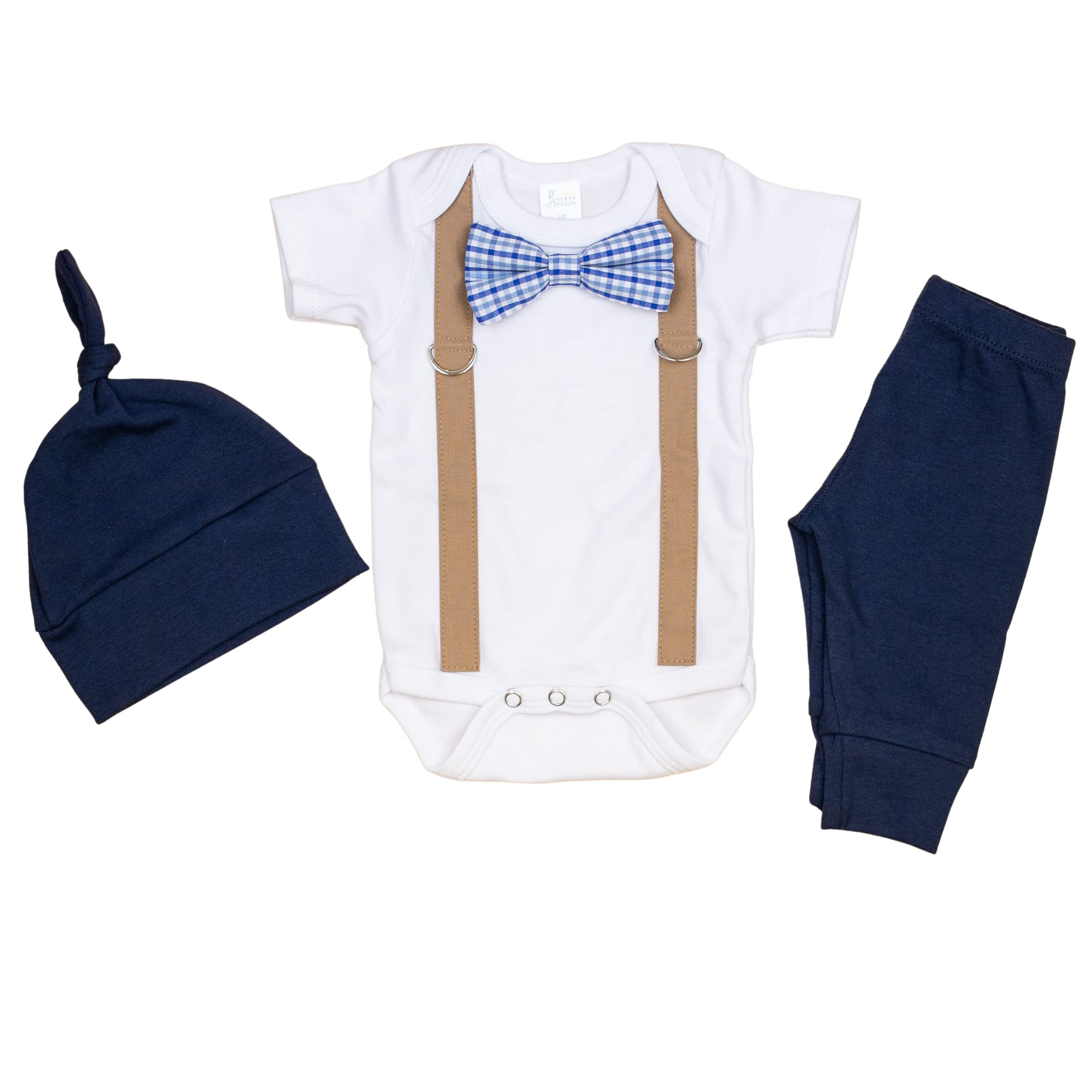 Newborn Baby Boy Coming Home Outfit Set - Navy & Brown Bow Tie with Suspenders - Perfect for Hospital Photos, First Outing & Special Occasions
