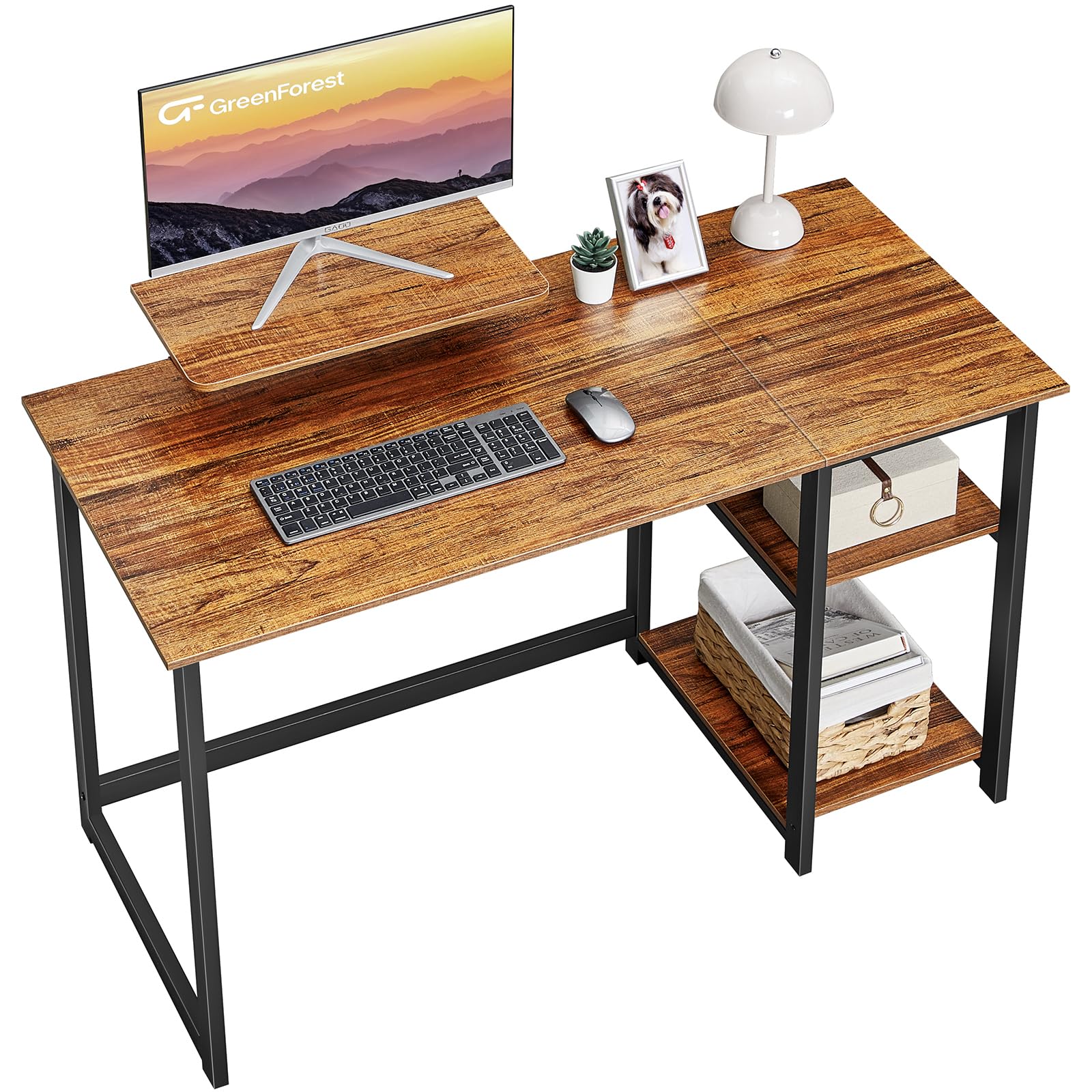 GreenForest 47-inch Computer Desk with Monitor Stand - Modern Home Office Desk with Reversible Storage Shelves, Study Writing Work Table, Easy Assembly, Walnut Finish - Perfect for Small Spaces & Remote Work Setup