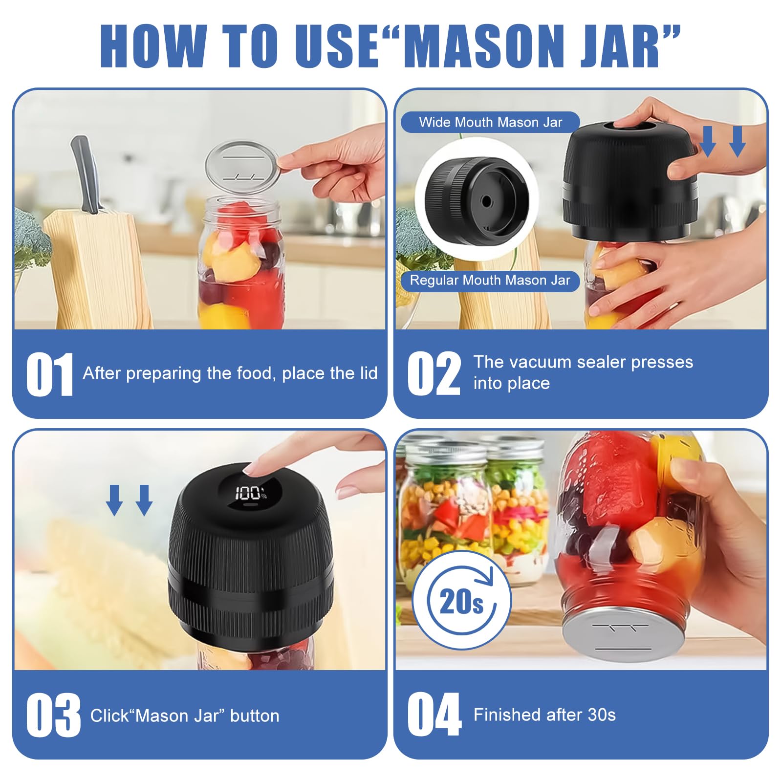 Electric Mason Jar Vacuum Sealer Kit - Automatic Food Saver for Regular & Wide Mouth Jars | Preserve Freshness for Meal Prep, Canning & Long-Term Food Storage