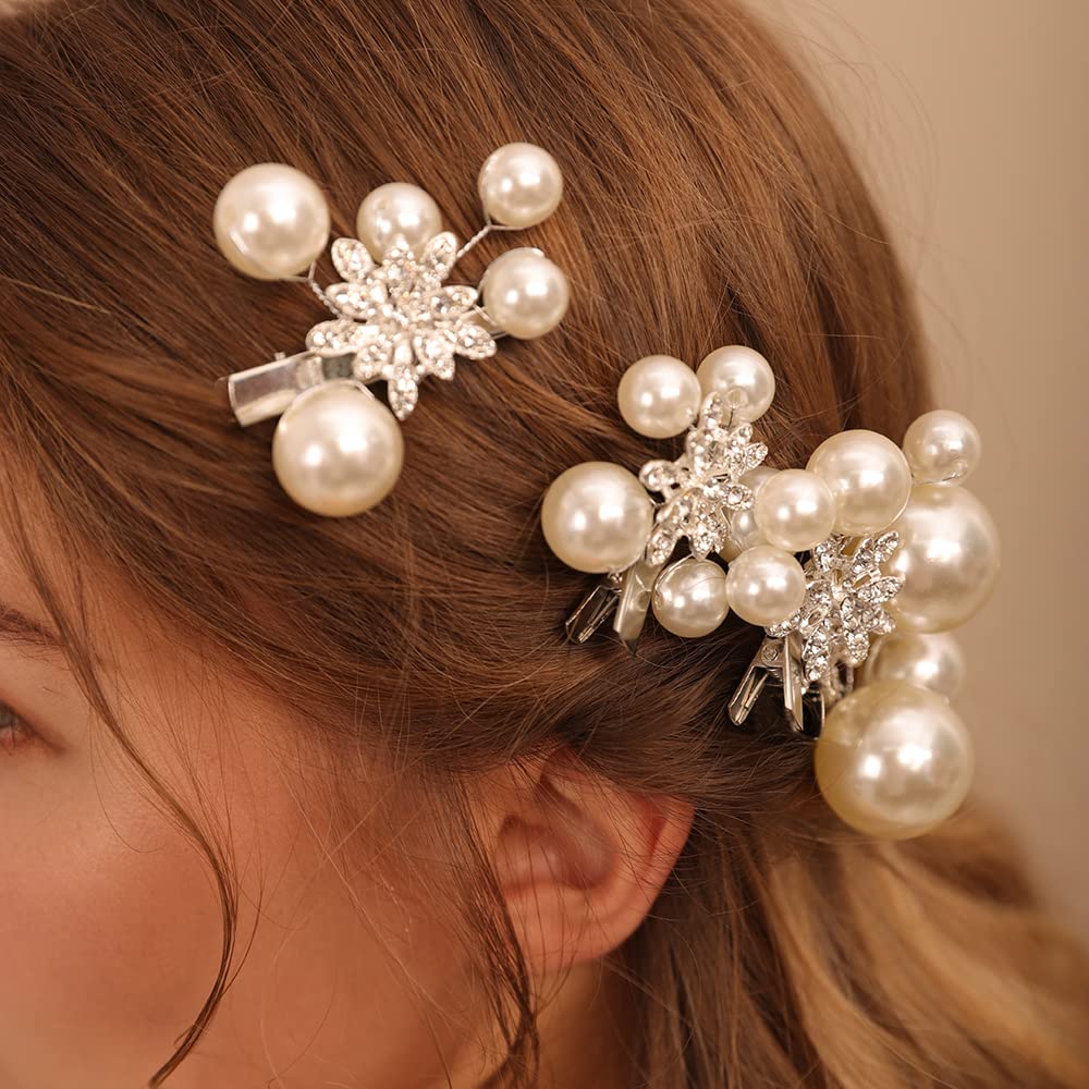Jumwrit Pearl Rhinestone Bridal Hair Clips - 5PCS Handmade Crystal Wedding Hairpins for Women & Girls | Silver Floral Hair Accessories for Bride & Bridesmaid | Perfect for Weddings, Prom, Parties & Special Occasions