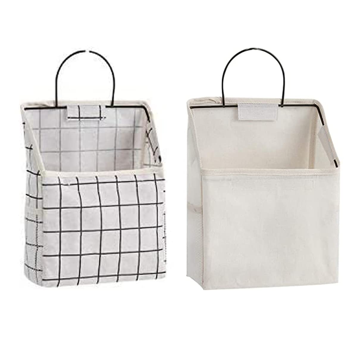 White Cotton Linen Hanging Storage Basket - 2 Pack Over The Door Organizer with Hook Pockets for Bathroom, Bedroom, Kitchen | Space Saving Home Organization for Towels, Toys, and Essentials