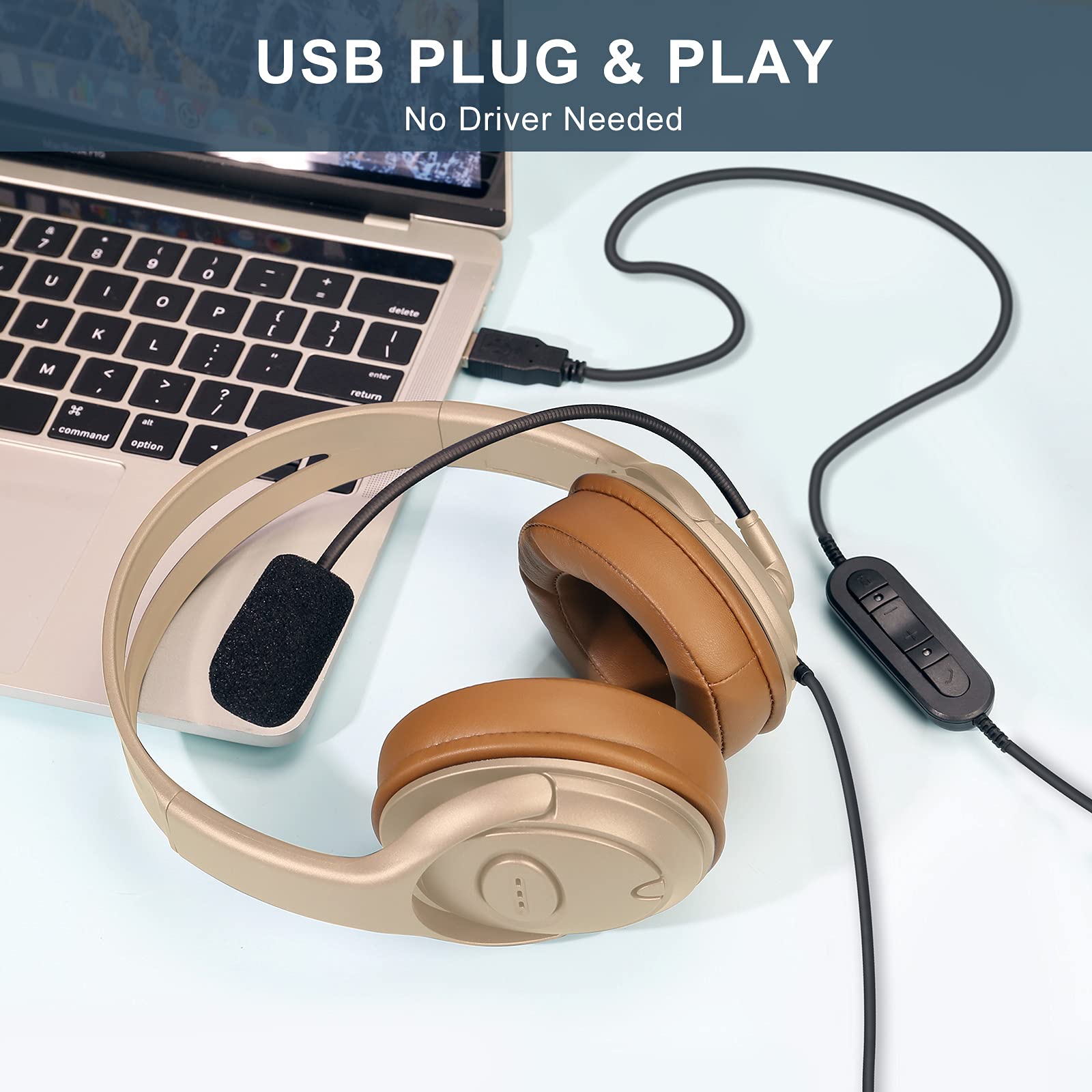 Premium USB Headset for Zoom & Microsoft Teams Meetings - Noise-Canceling Over-Ear Headphones with Mic Mute Button & Volume Control - Ideal for Video Conferencing, Remote Work & Dragon Speech Recognition (Gold)