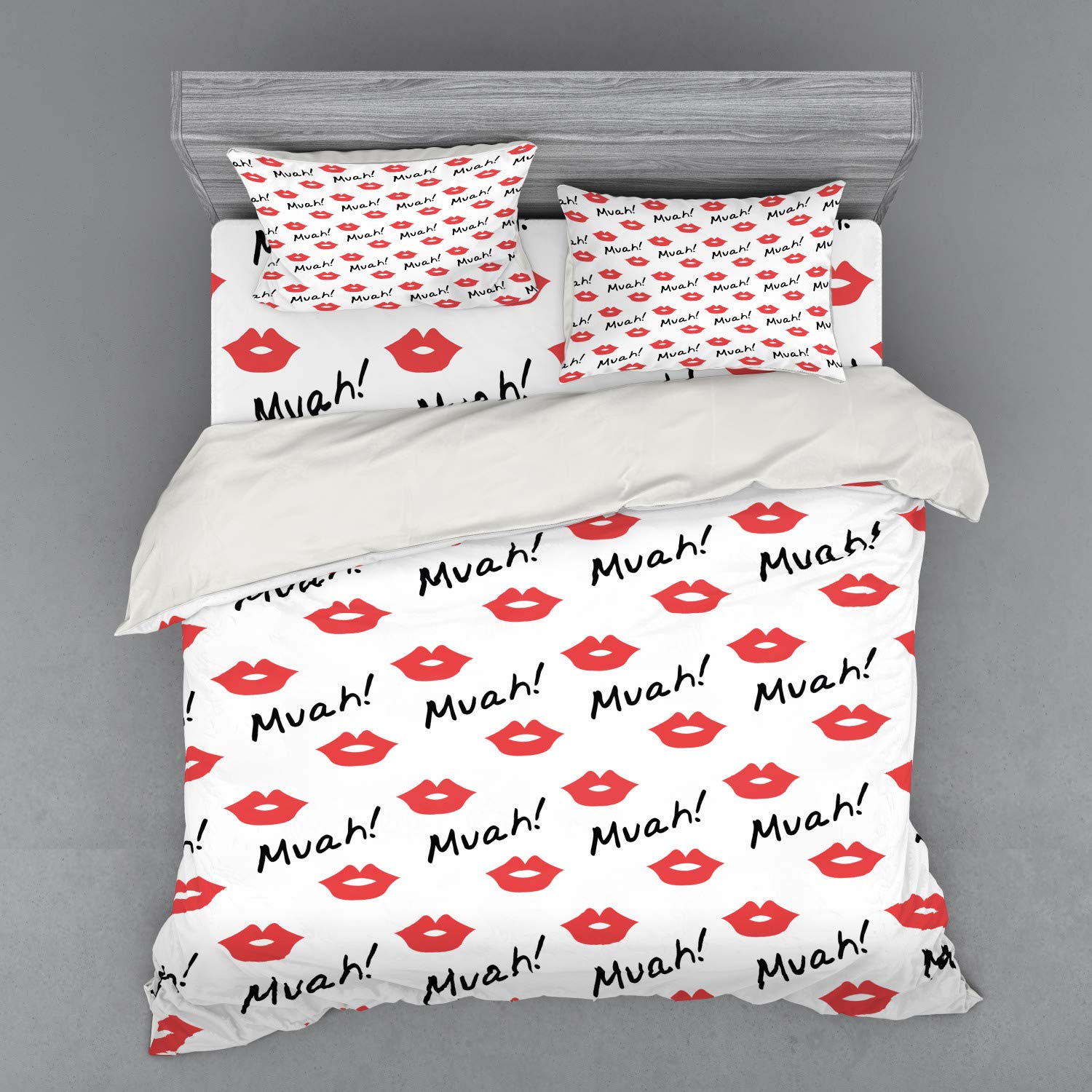 Ambesonne Romantic Red Lips Kiss Marks Duvet Cover Set - 4 Piece King Size Bedding with Shams & Fitted Sheet, Vermilion White - Perfect for Valentine's Day, Anniversary Gifts & Feminine Bedroom Decor