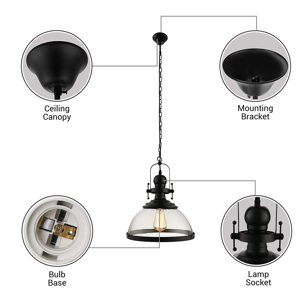 Modern Black Industrial Pendant Light with Glass Shade - Hanging Ceiling Lighting Fixture for Kitchen Island, Dining Room, Staircase & Home Decor | Dimmable LED Bulb Compatible