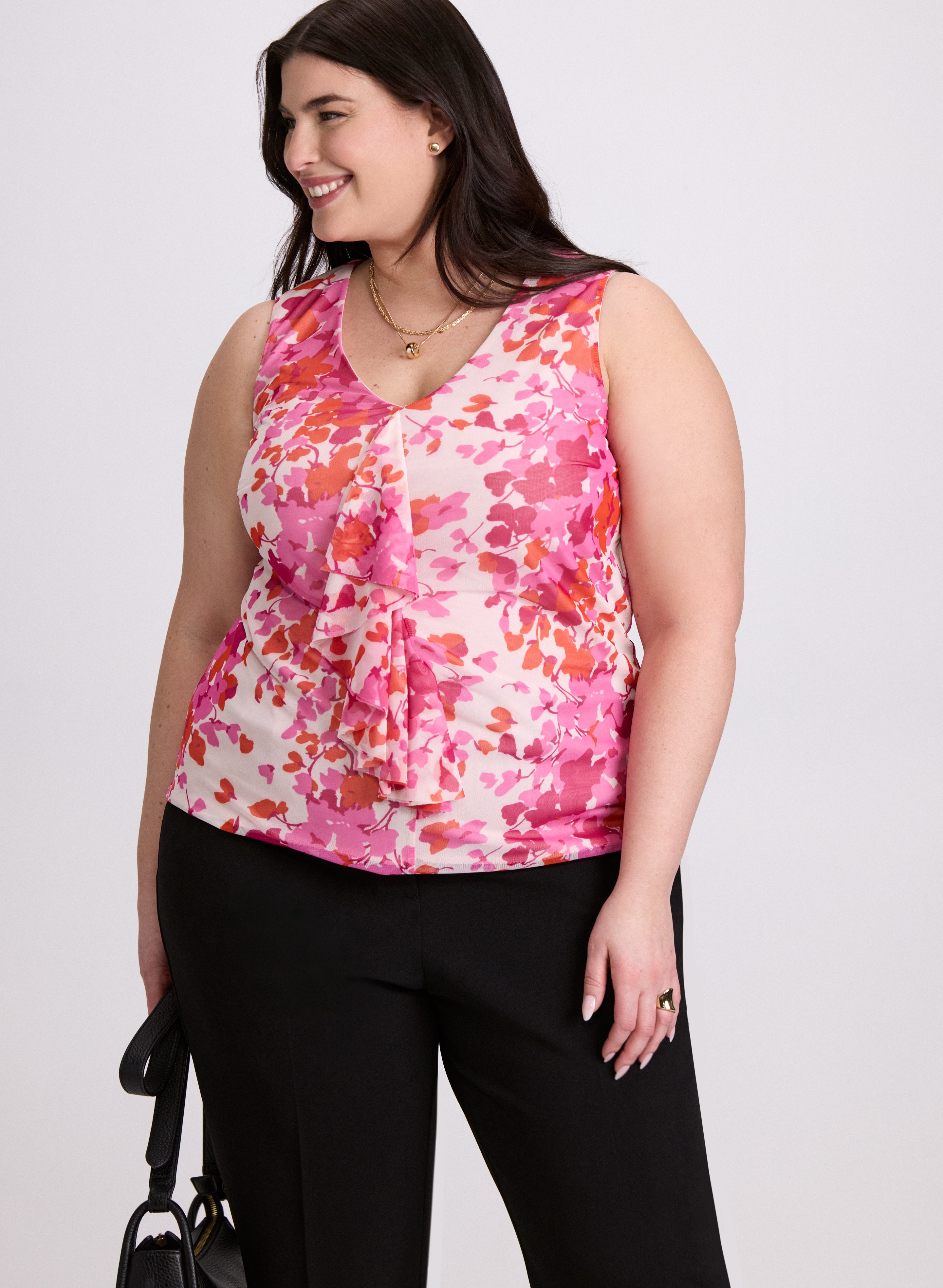 Floral Flounce Front Top Women's Blouse - Elegant Ruffled V-Neck Tunic for Spring & Summer Outfits | Perfect for Office, Date Night & Casual Wear