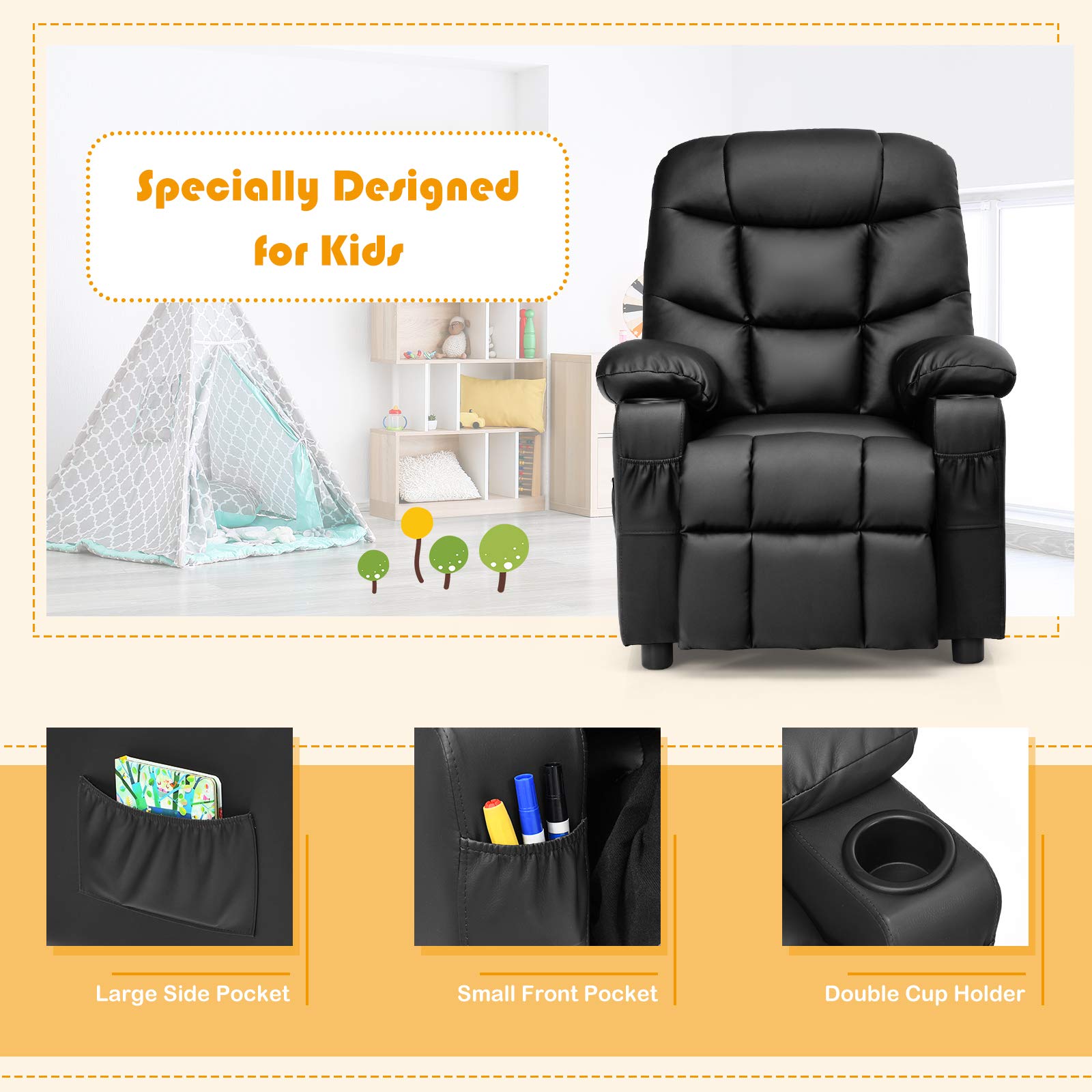 Costzon Kids Recliner Chair with Cup Holder & Footrest - Adjustable Leather Lounge Chair for Boys & Girls with Side Pockets - Ergonomic Toddler Furniture Sofa for Bedroom, Playroom & TV Time (Black)