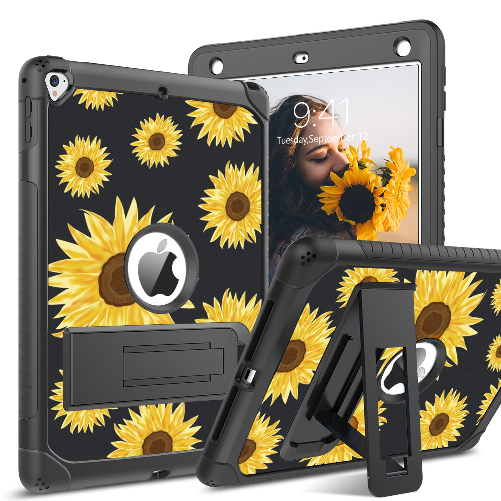 BENTOBEN iPad Air 2/5th/6th Gen Case & iPad Pro 9.7 Case (2017/2018) - Glow in The Dark Shockproof 3-in-1 Protective Cover with Kickstand for Women Men - Sunflower Design | Perfect for Work, School & Travel