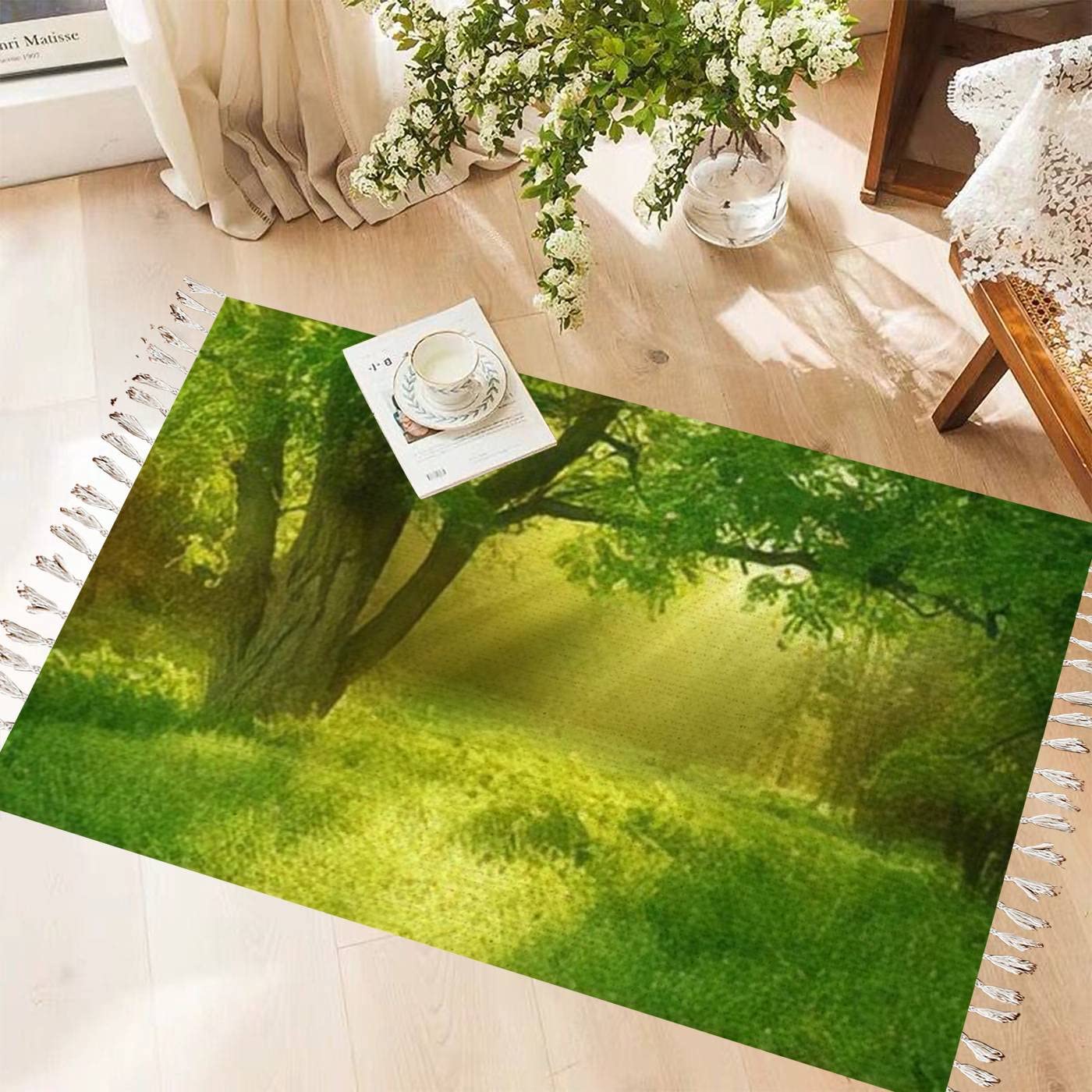 Bohemian Cotton & Linen Tassel Rug - Sunlit Foggy Forest with Black Locust Tree Design - Washable Woven Runner Mat for Kitchen, Bathroom, Outdoor & Boho Decor - Perfect for Living Room, Bedroom or Patio