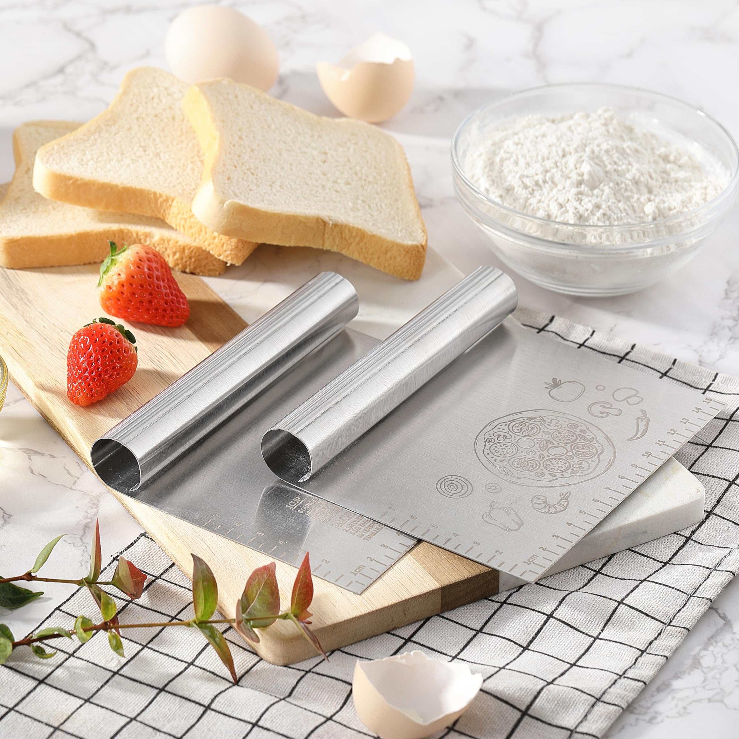 2-Pack Stainless Steel Bench Dough Scraper & Cutter - 6 Inch Professional Kitchen Tool with Protective Cover for Baking, Cooking, Pizza Dough - Perfect for Home Bakers & Commercial Kitchens (Silver)