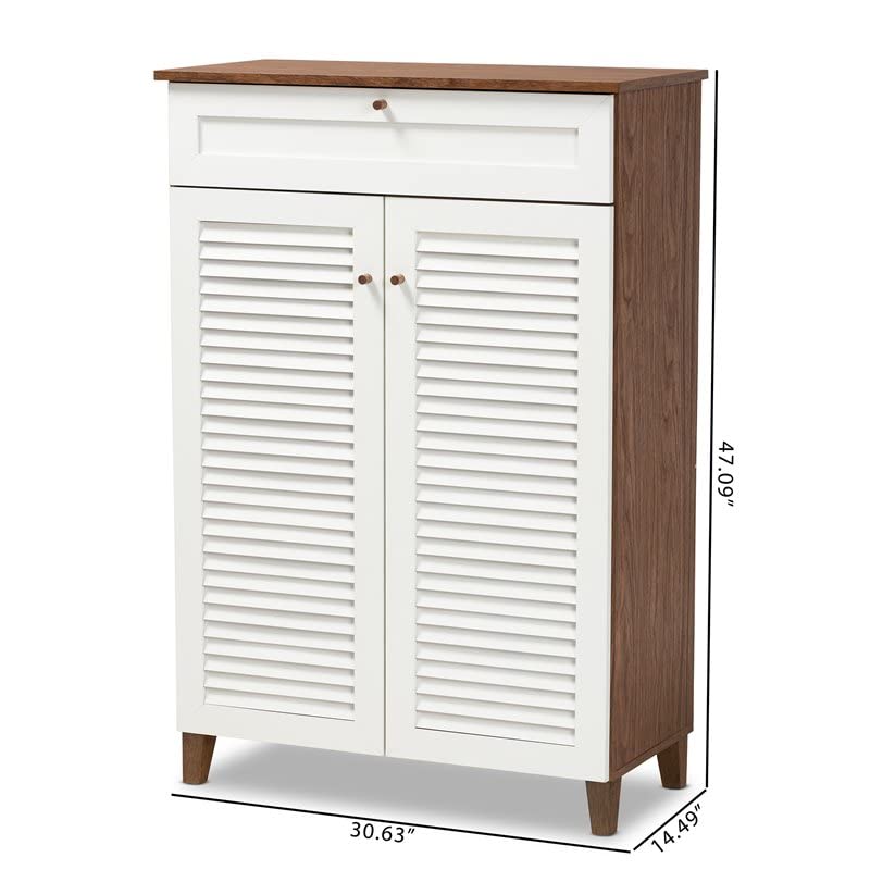 BOWERY HILL Modern 5-Shelf Shoe Storage Cabinet with Drawer - White & Walnut Wooden Shoe Organizer for Entryway, Closet, and Bedroom Organization