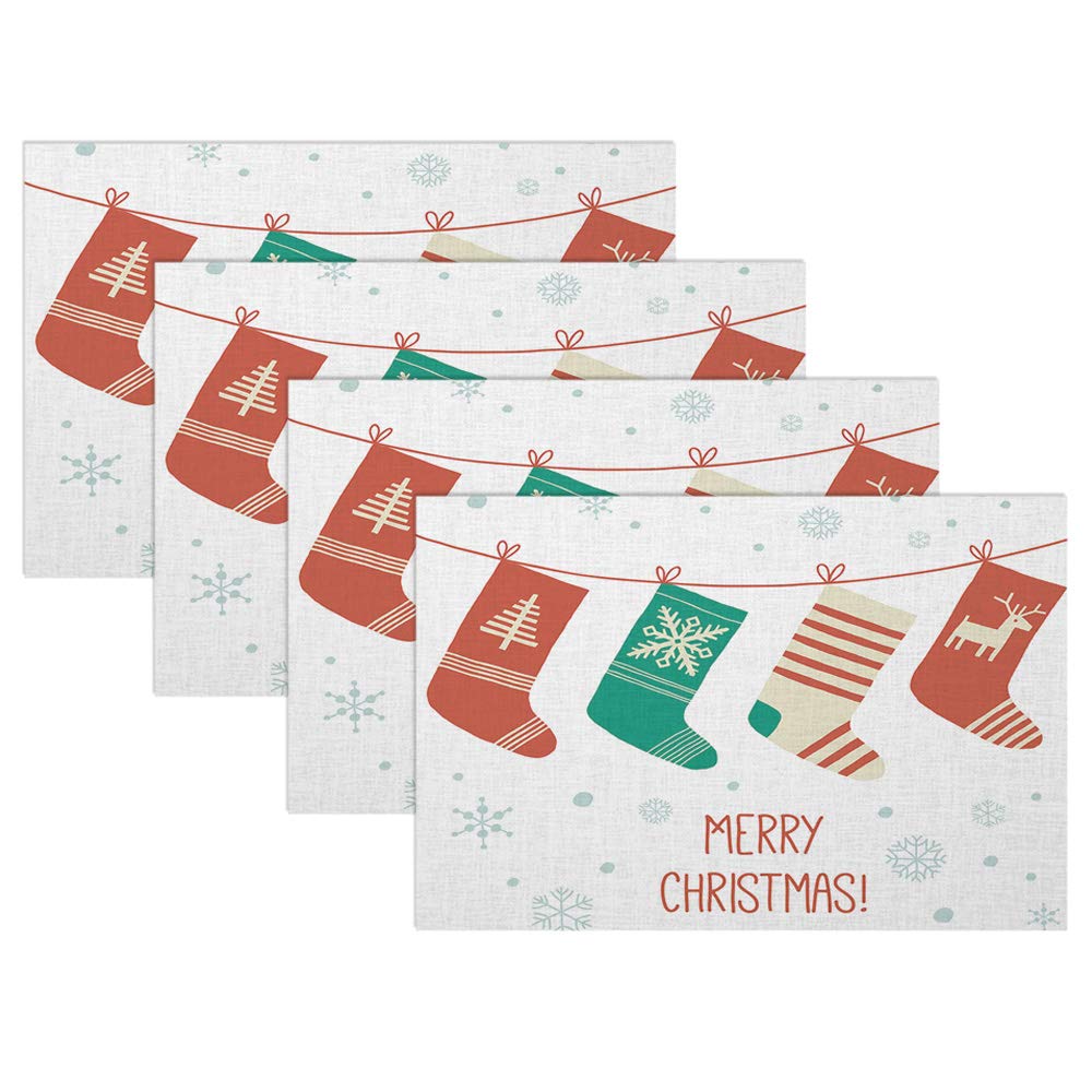 Swono Merry Christmas Socks Placemat Set of 4 - Festive Snow Pattern Stocking Placemats for Dining Table & Kitchen Decor (12