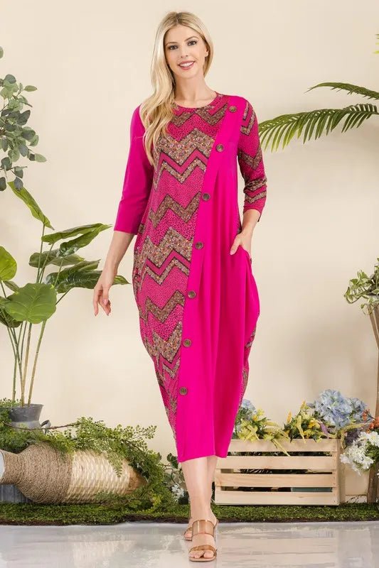 Celeste Full Size Geo Print Paneled Dress with Buttons - Plus Size Floral Dress for Women | Perfect for Weddings, Parties & Special Occasions