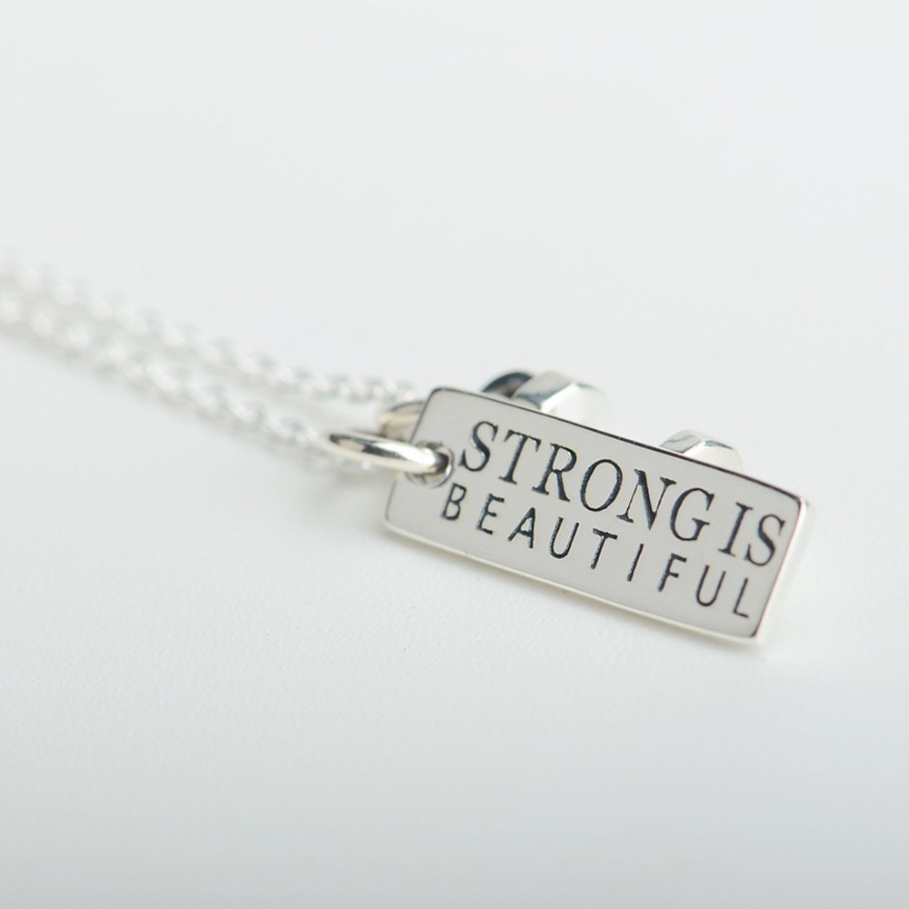 Strong is Beautiful 925 Sterling Silver Pendant Necklace - Fitness Tag & Dumbbell Charm Gym Jewelry - 18 Inch Adjustable Chain - Perfect for Workouts, Gym Motivation & Athletic Gifts