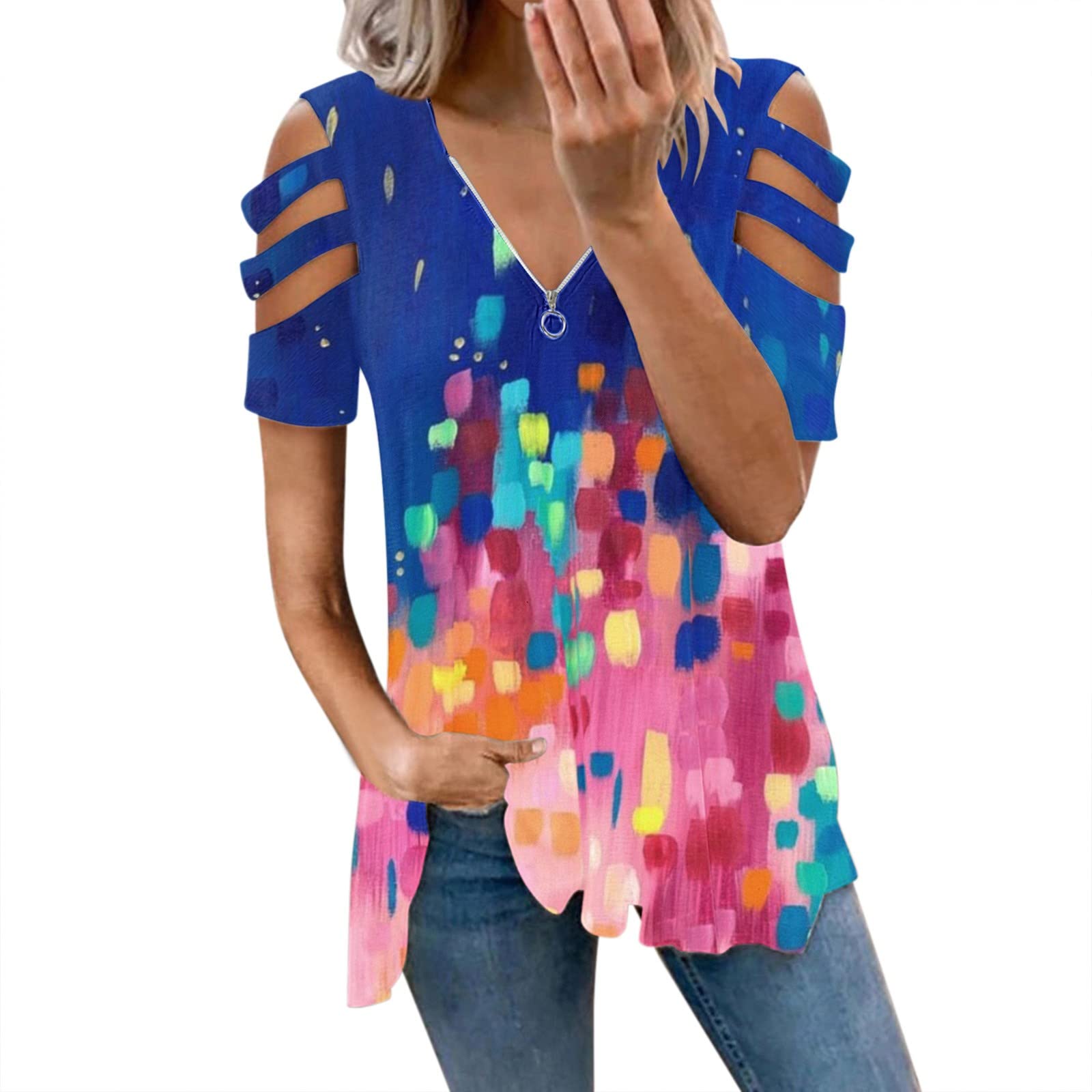 Women's Casual V-Neck Zipper Print Short Sleeve Blouse - Sexy Fold Design Tops for Everyday Wear & Night Out