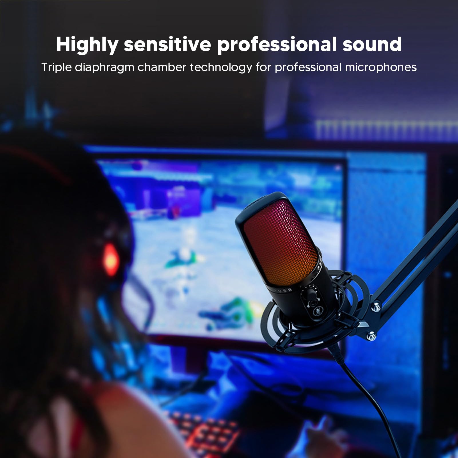 Professional USB Microphone with Cardioid Condenser & RGB Lighting - Noise Cancelling Podcast Mic with Adjustable Tripod Stand for Gaming, Streaming, Recording, Voice Chat (Perfect for Twitch, Discord & YouTube)