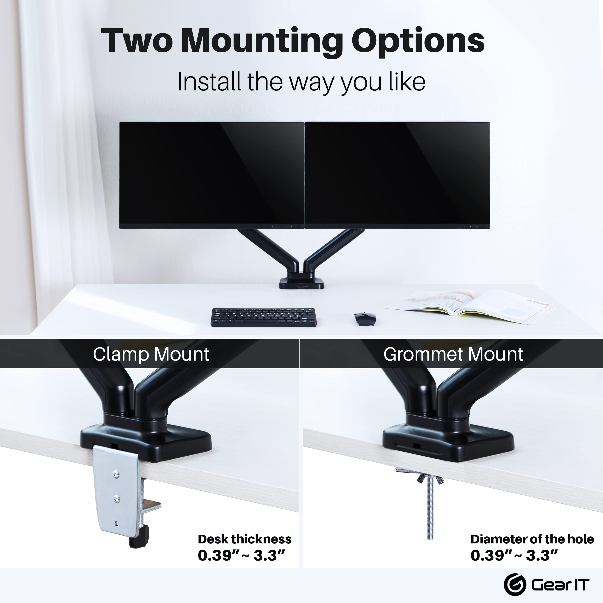 GEARit Dual Monitor Stand for 13-32 Inch Screens up to 19.8 lbs - Adjustable Gas Spring Arm with VESA 75x100/100x100mm Mount - Tilt, Swivel & Rotate for Home Office & Gaming Setup