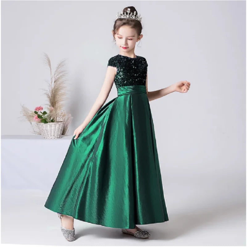 Sparkly Sequin Satin Princess Gown with Detachable Sash - Elegant Kids Birthday Party Dress for Girls, Pageant, Photo Shoot & Special Occasions