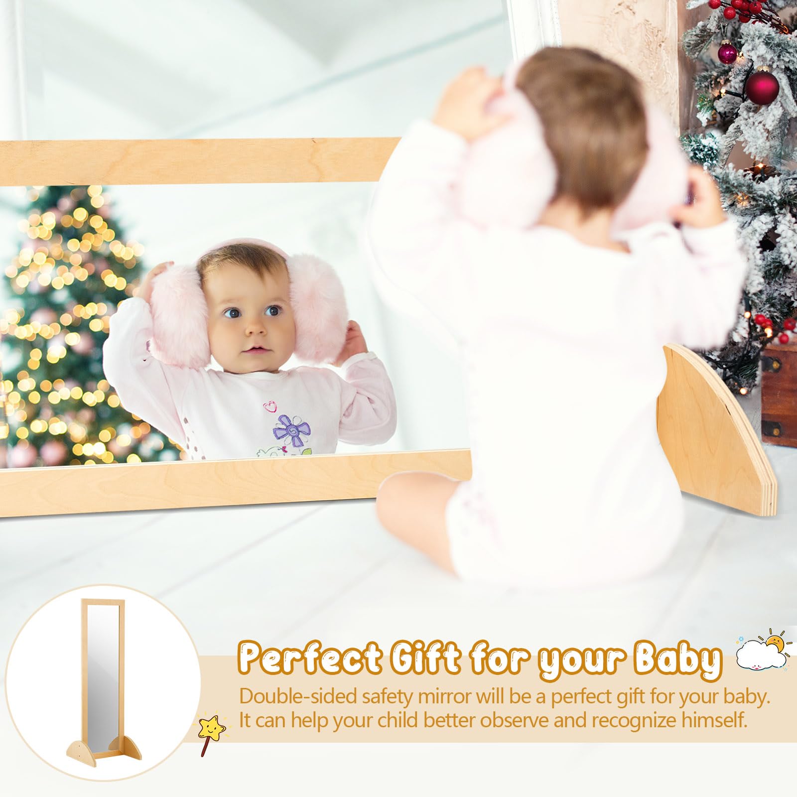 Double-Sided Bi-Directional Montessori Baby Mirror – Shatterproof Acrylic Non-Glass Infant Toddler Learning Mirror with Wooden Frame for Early Walking Development | Safe Nursery Decor & Playroom Activity