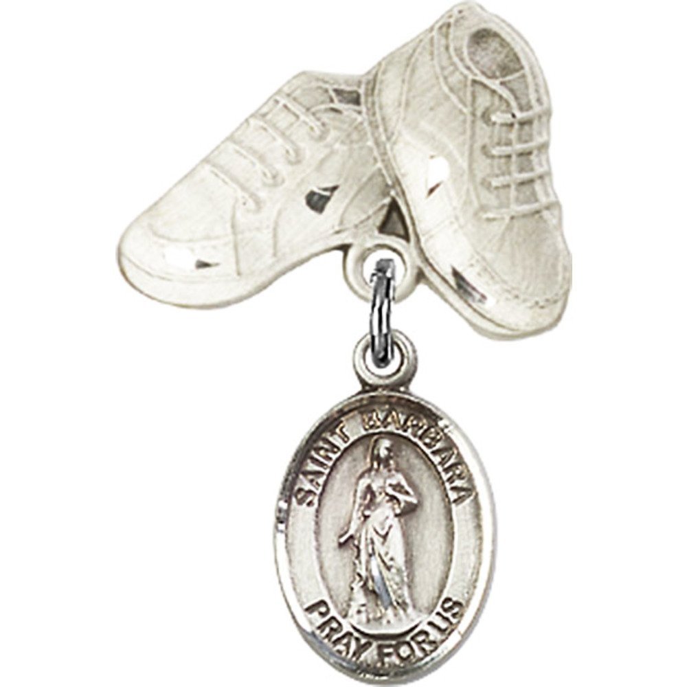 Sterling Silver Baby Badge with St. Barbara Charm & Baby Boots Pin - 1 X 5/8 Inch - Perfect for Christening Gifts, Baby Showers & Keepsake Jewelry