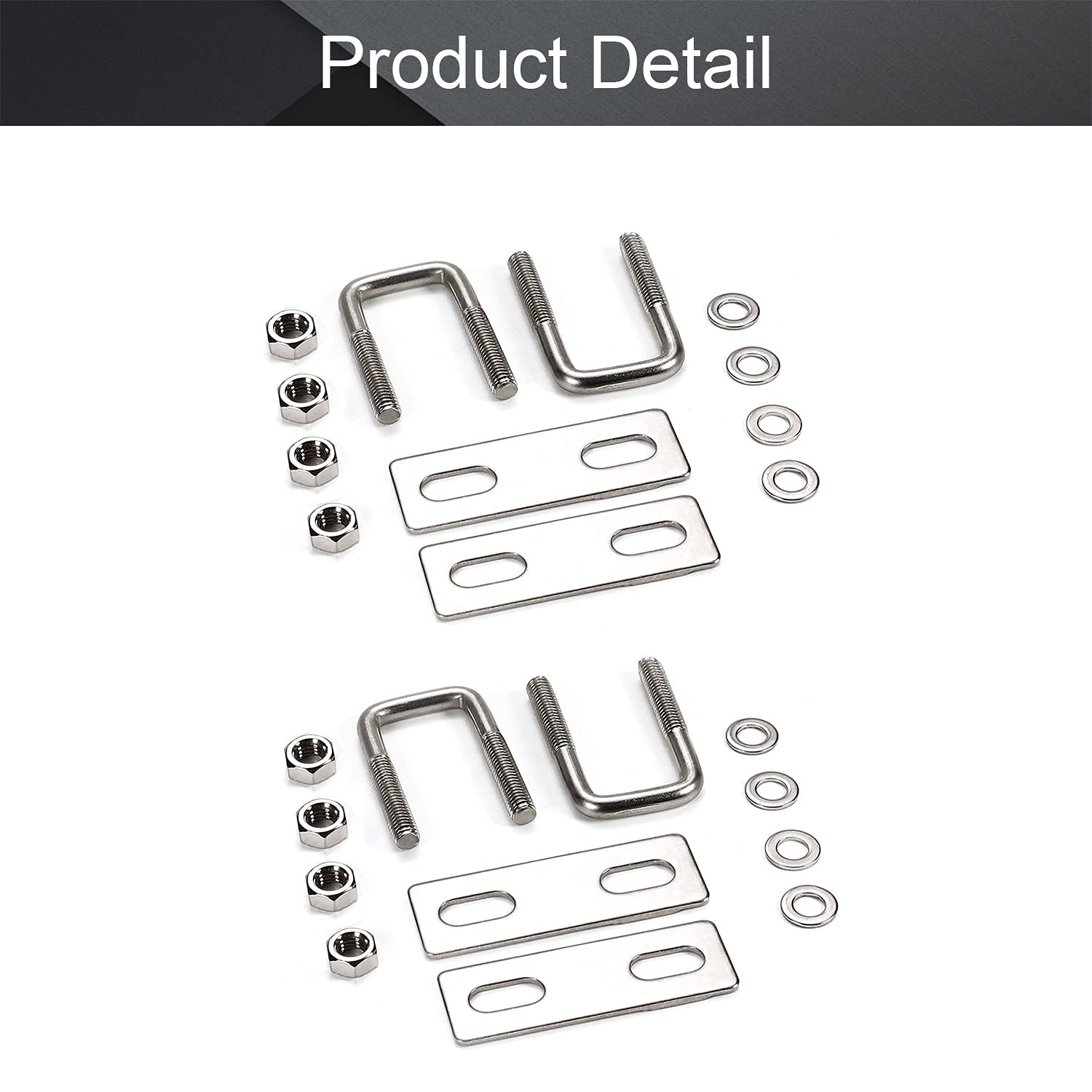 304 Stainless Steel M6 Thread Silver Square Bend U Bolts with Nuts, Washers & Frame Plate - 0.79
