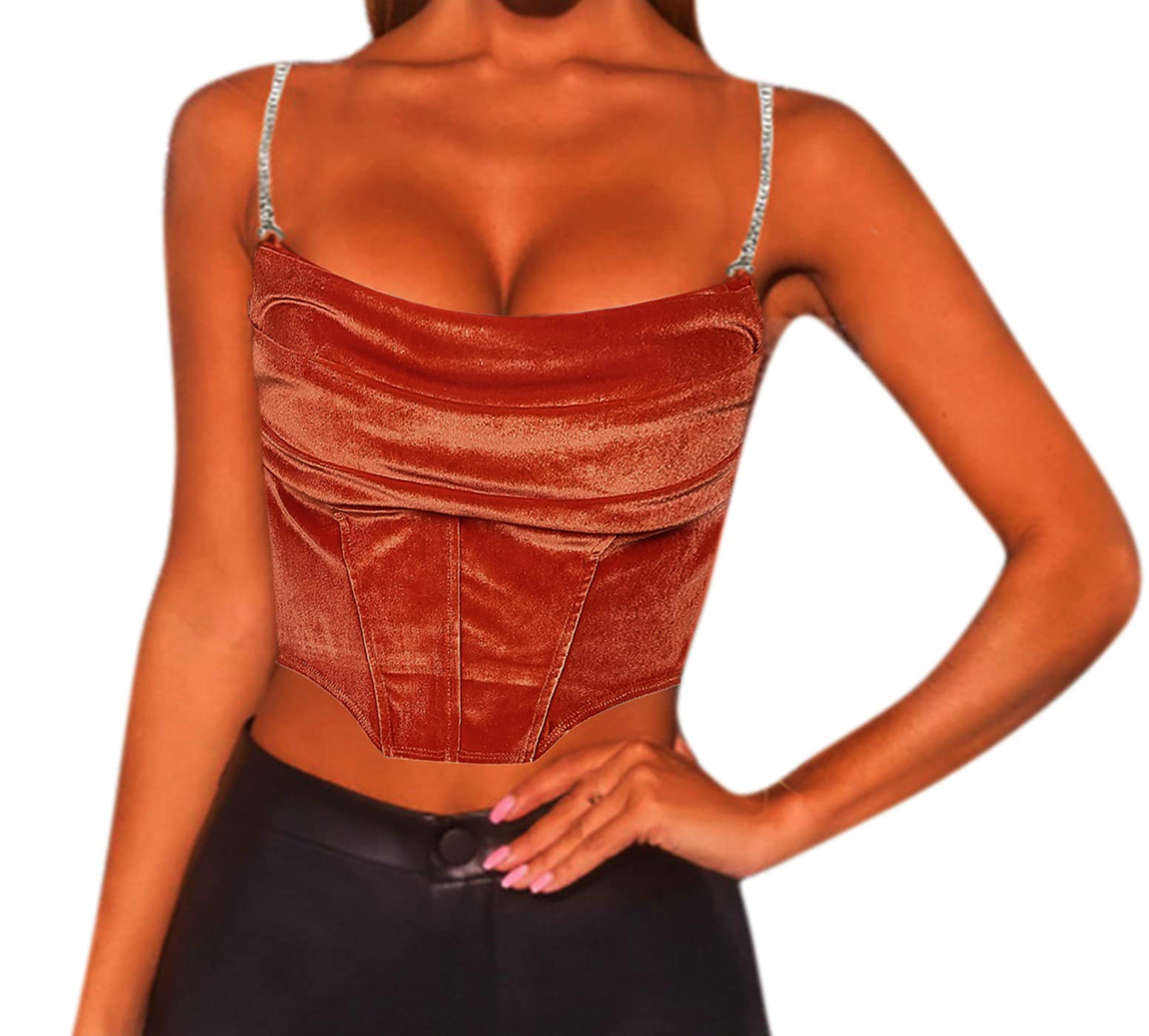 Sexy Women's Corset Crop Top - Glitter Rhinestone Bustier Tank with Spaghetti Straps, Stretchy Clubwear Cami Shirt for Night Out, Party, or Date Night