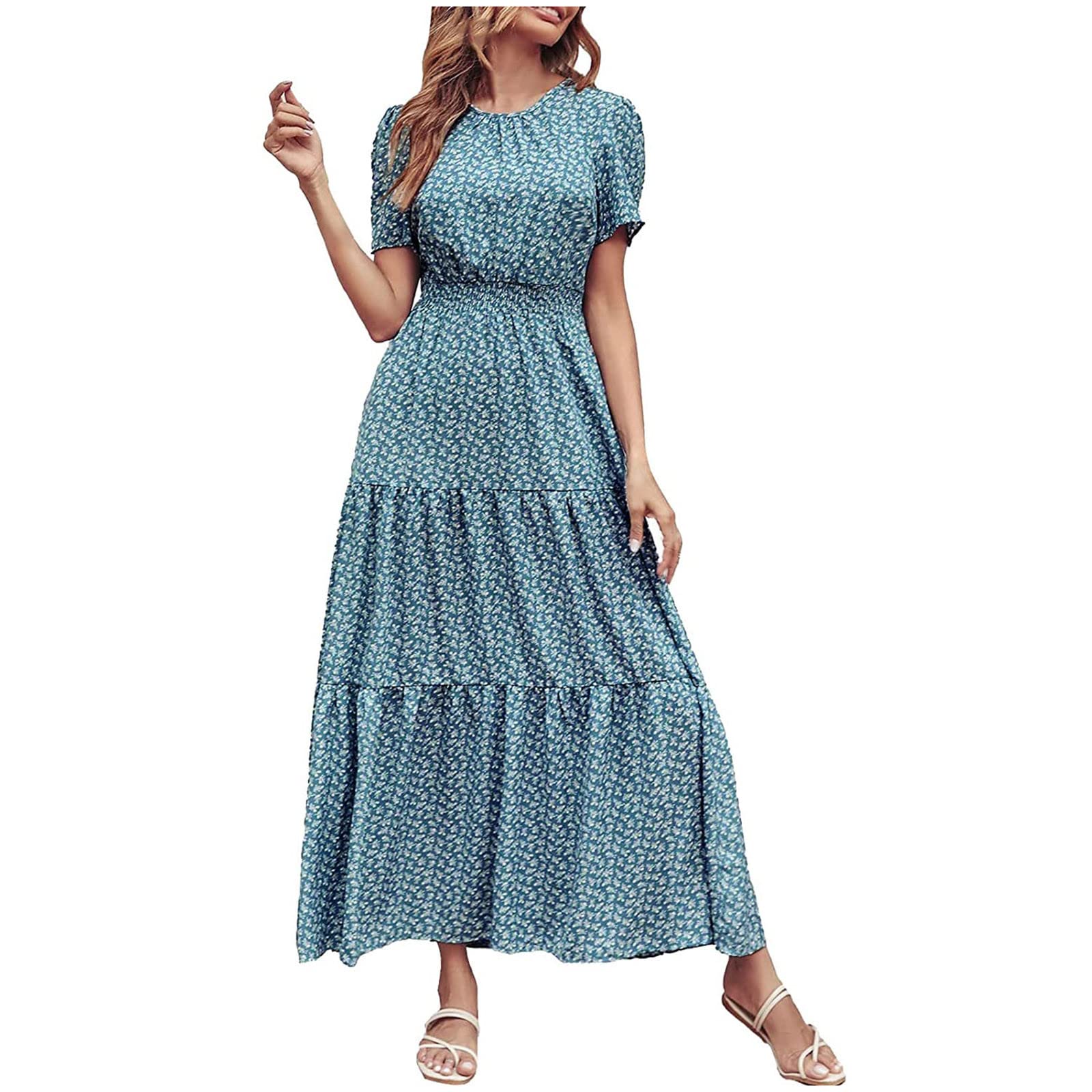 **Boho Floral Print Maxi Dress for Women 2022 - Vintage Layered Ruffles Pleated Swing Dress - Beach Wedding & Summer Vacation Flowy Dresses**
