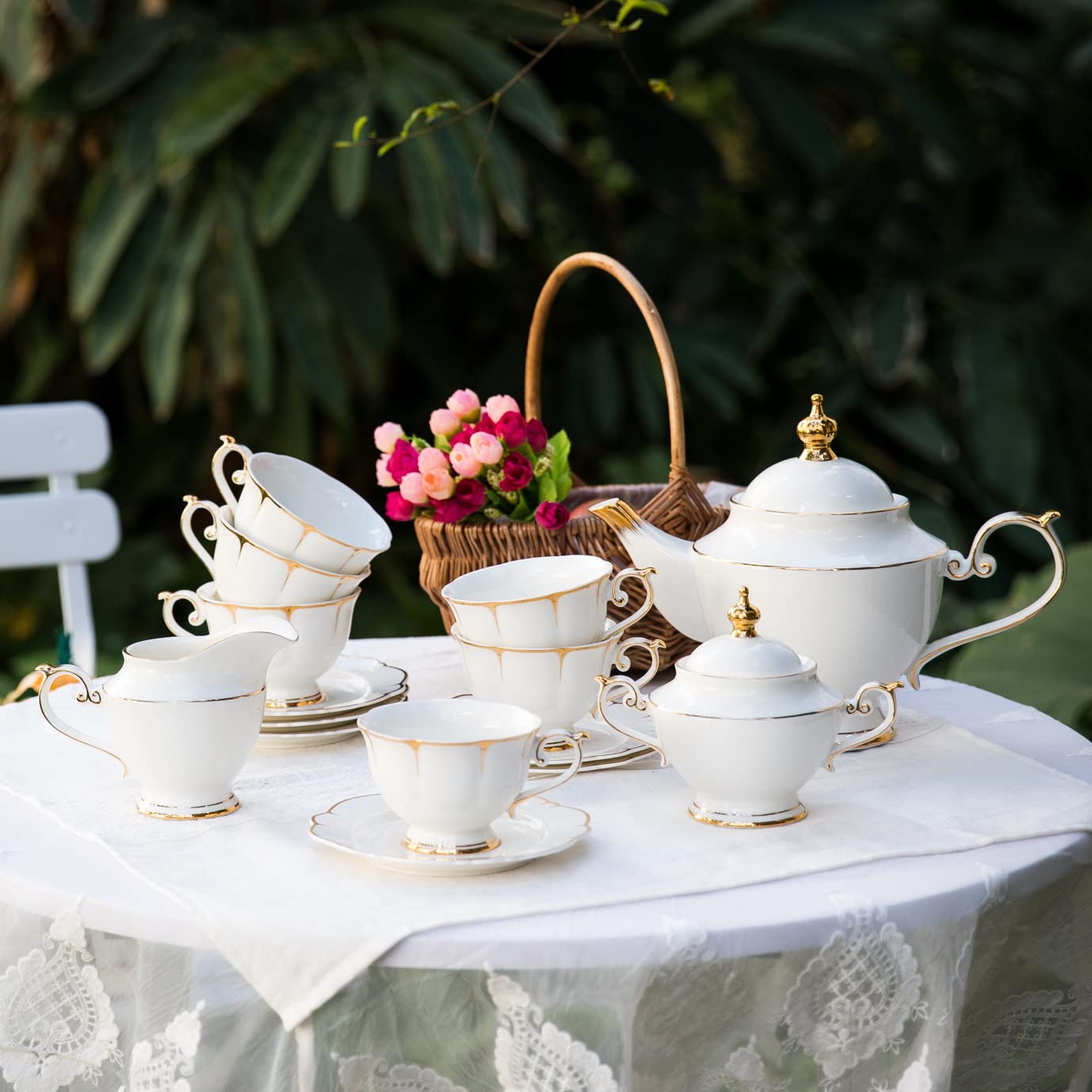 ACMLIFE Fine Bone China Tea Set for 6 - Elegant White Porcelain Tea Cups & Saucers - Perfect for Afternoon Tea Parties, Bridal Showers & Gift Giving - Ideal for Home Entertaining & Special Occasions